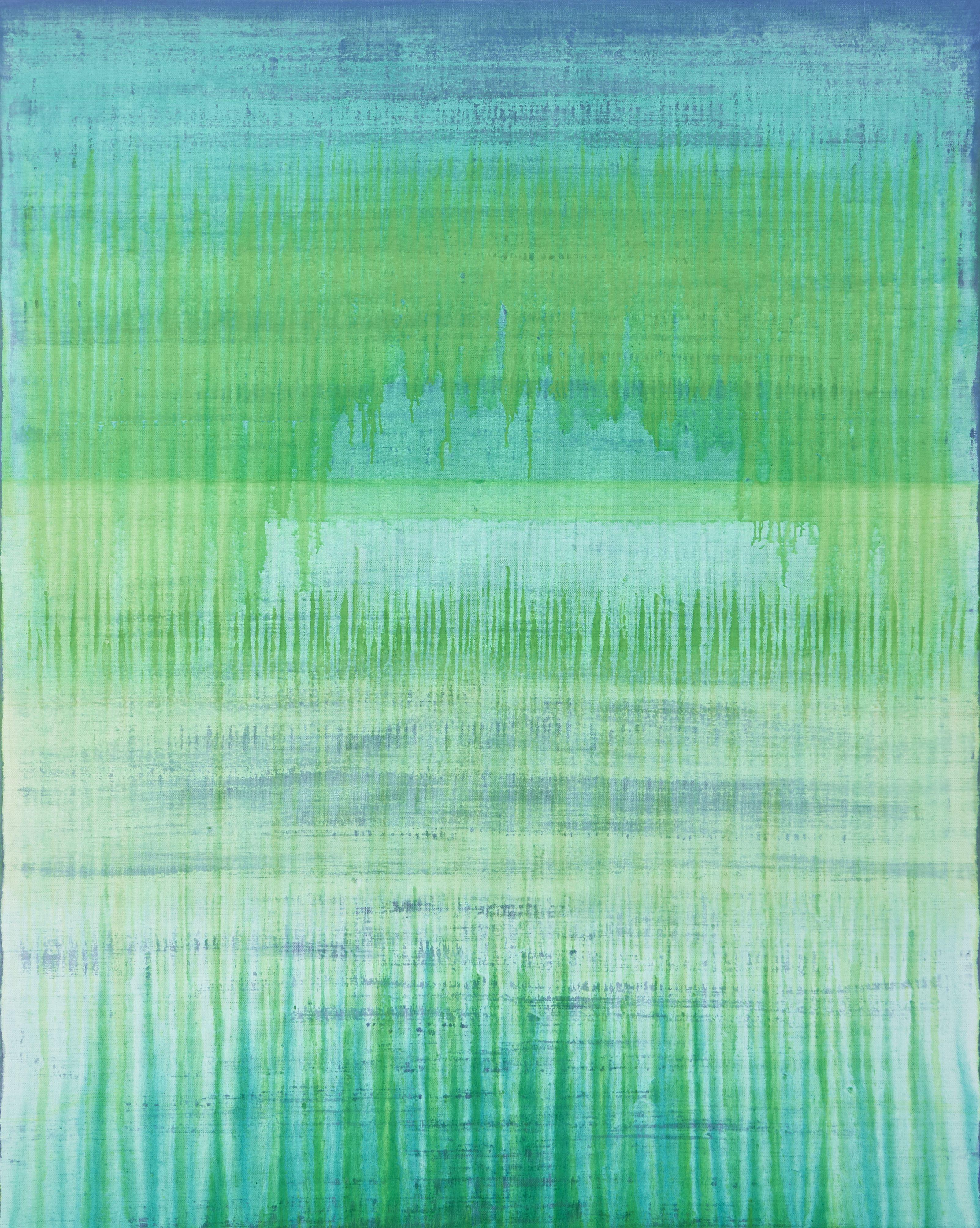 Simon Findlay Abstract Painting - Green Arc Over Blue, Painting, Acrylic on Canvas