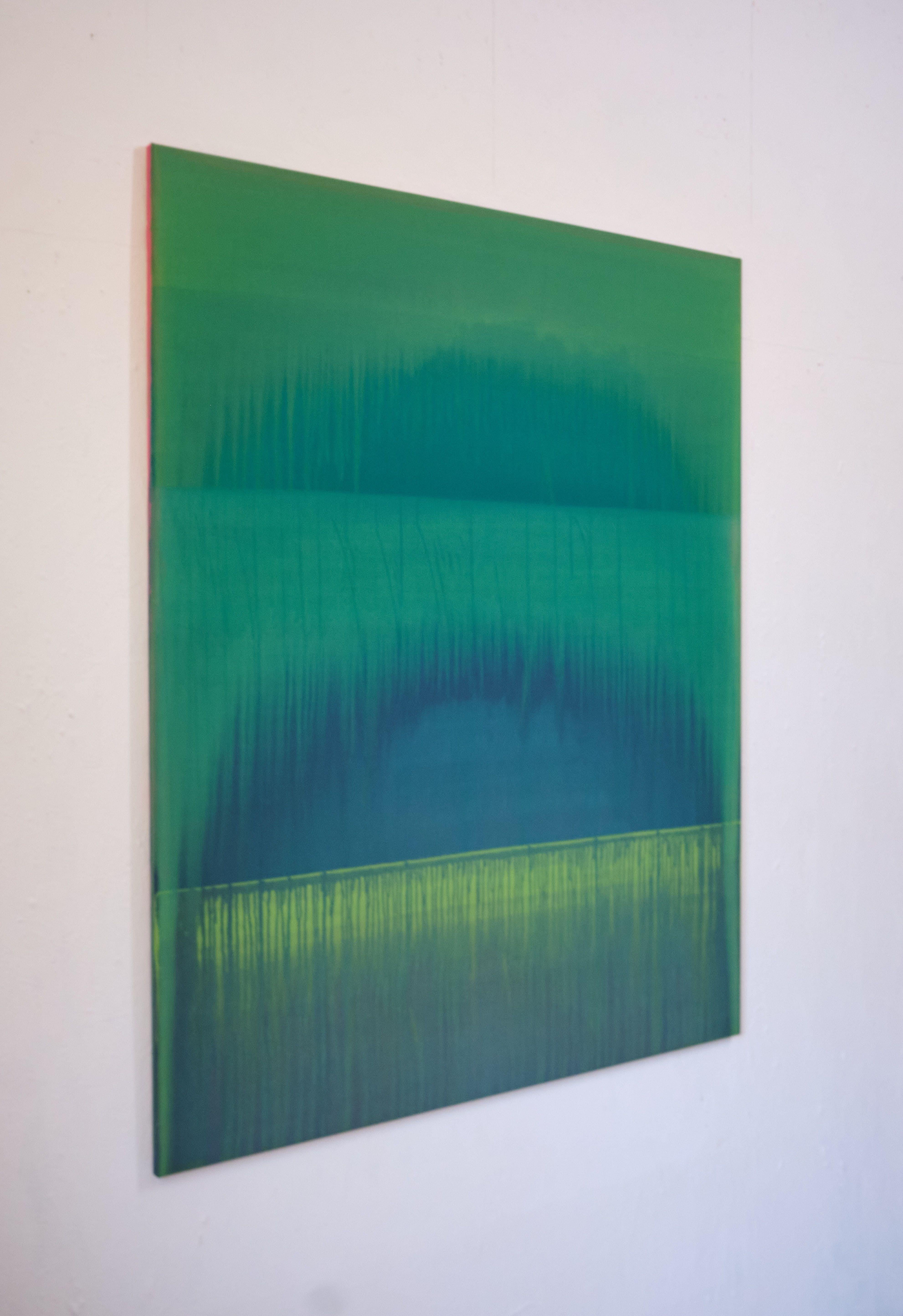 Green arcs flowing over one another, maybe looking out through a cavern at the ocean.  Whilst undertaking the works in this series the artist would think of a motif, or feel the emotion he was feeling. To observe how these thoughts and feelings