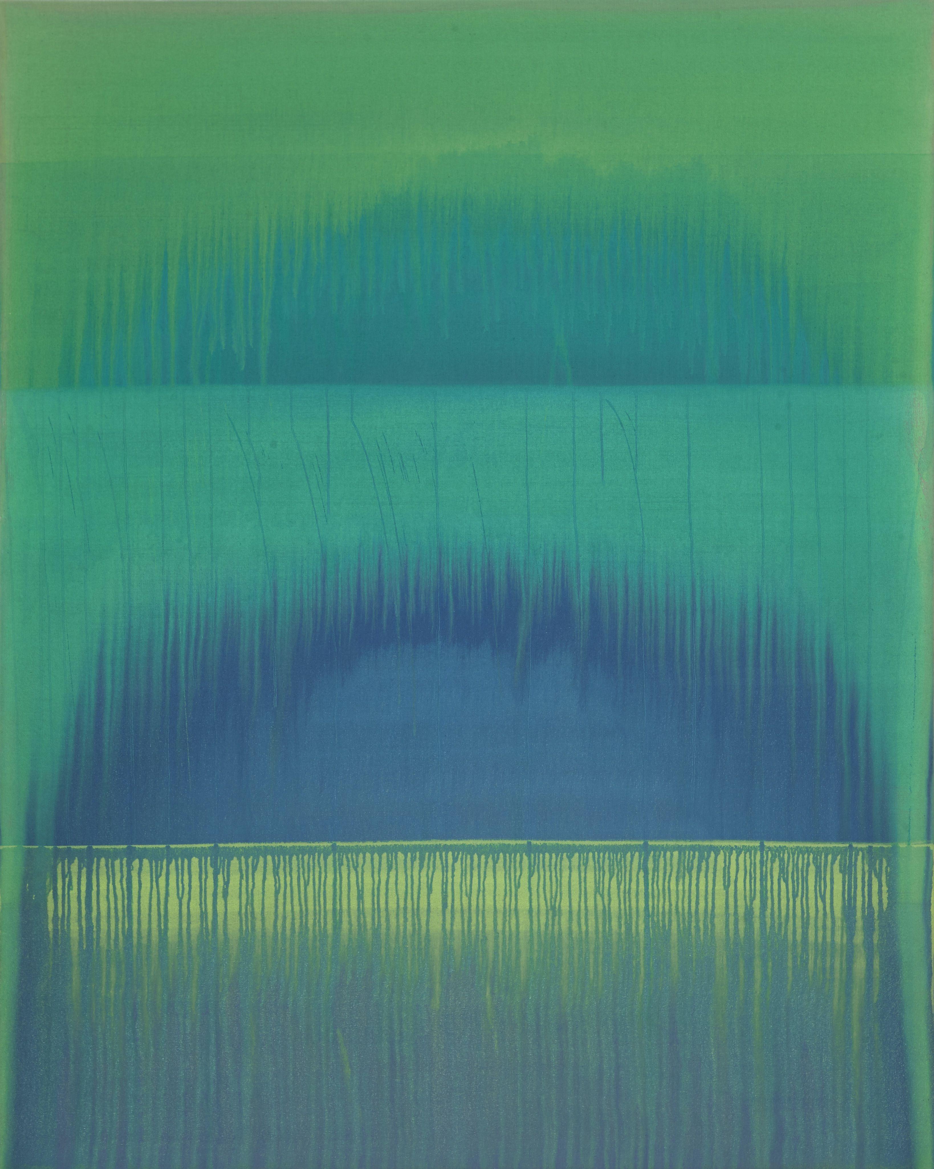 Simon Findlay Abstract Painting - Green Over Blue (Over Green Over Blue) Over Yellow, Painting, Acrylic on Canvas