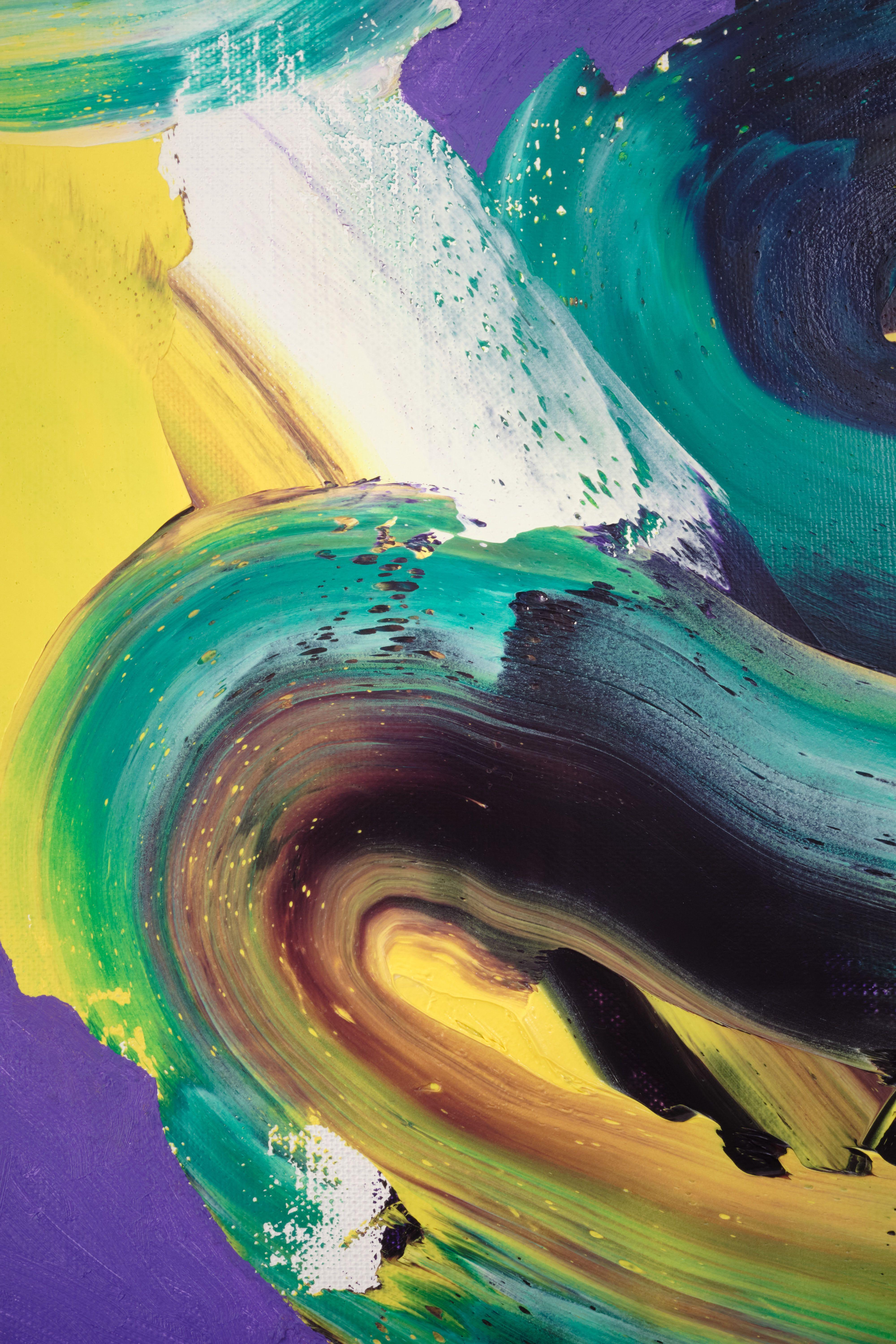 Yellow and turquoise on purple.  Oil paint was pushed around in swirl-like motions with a palette knife, followed by adding purple to the background. This is part of the artistâ€™s ongoing practice, where he intuitively paints for a few hours each