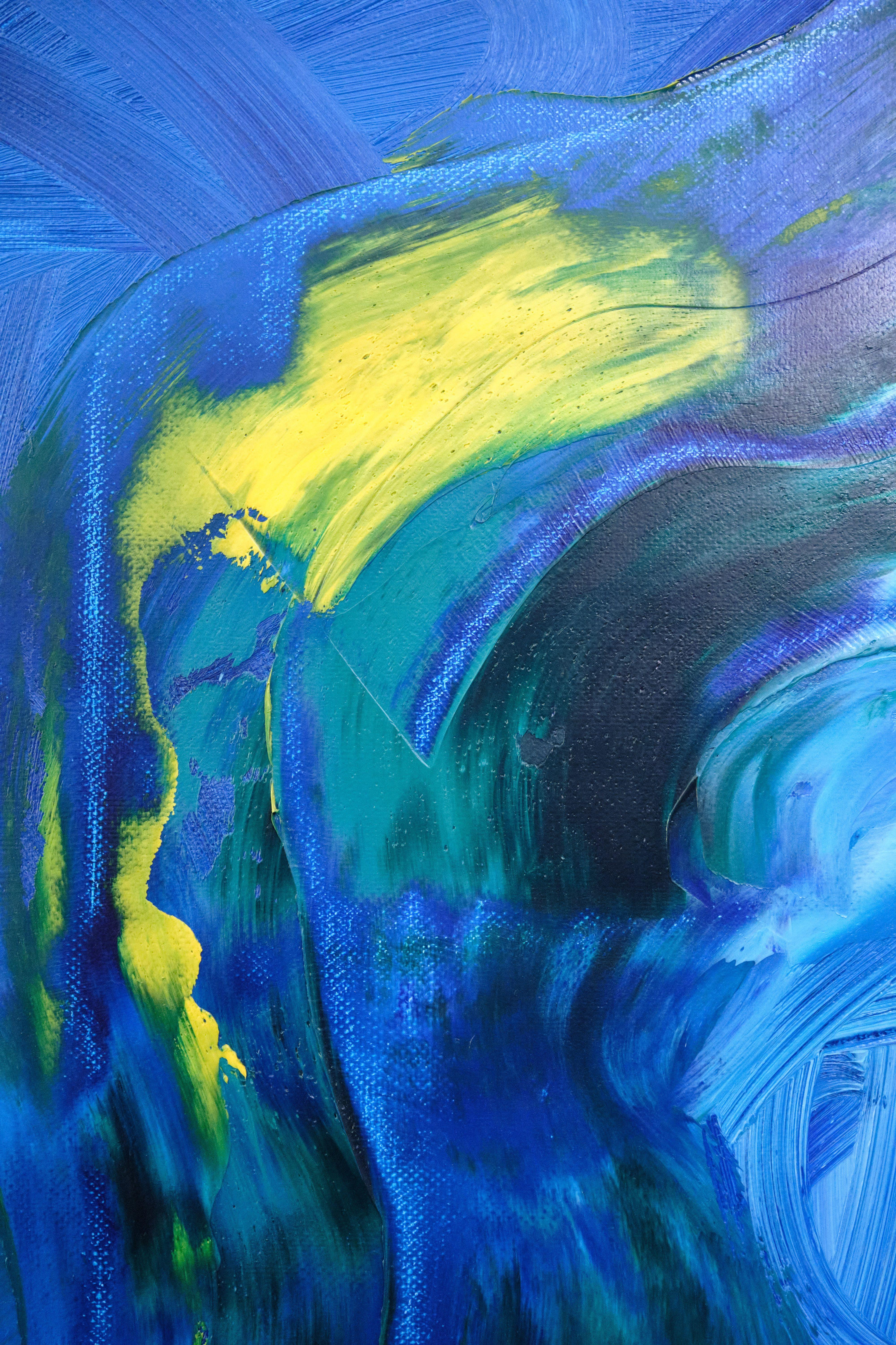 Blue oil was layered and swirled with a small brush, followed by a few strokes of green/turquoise with a palette knife, and finalised with three streaks of yellow.  This is part of the artistâ€™s ongoing practice, where he intuitively paints for a
