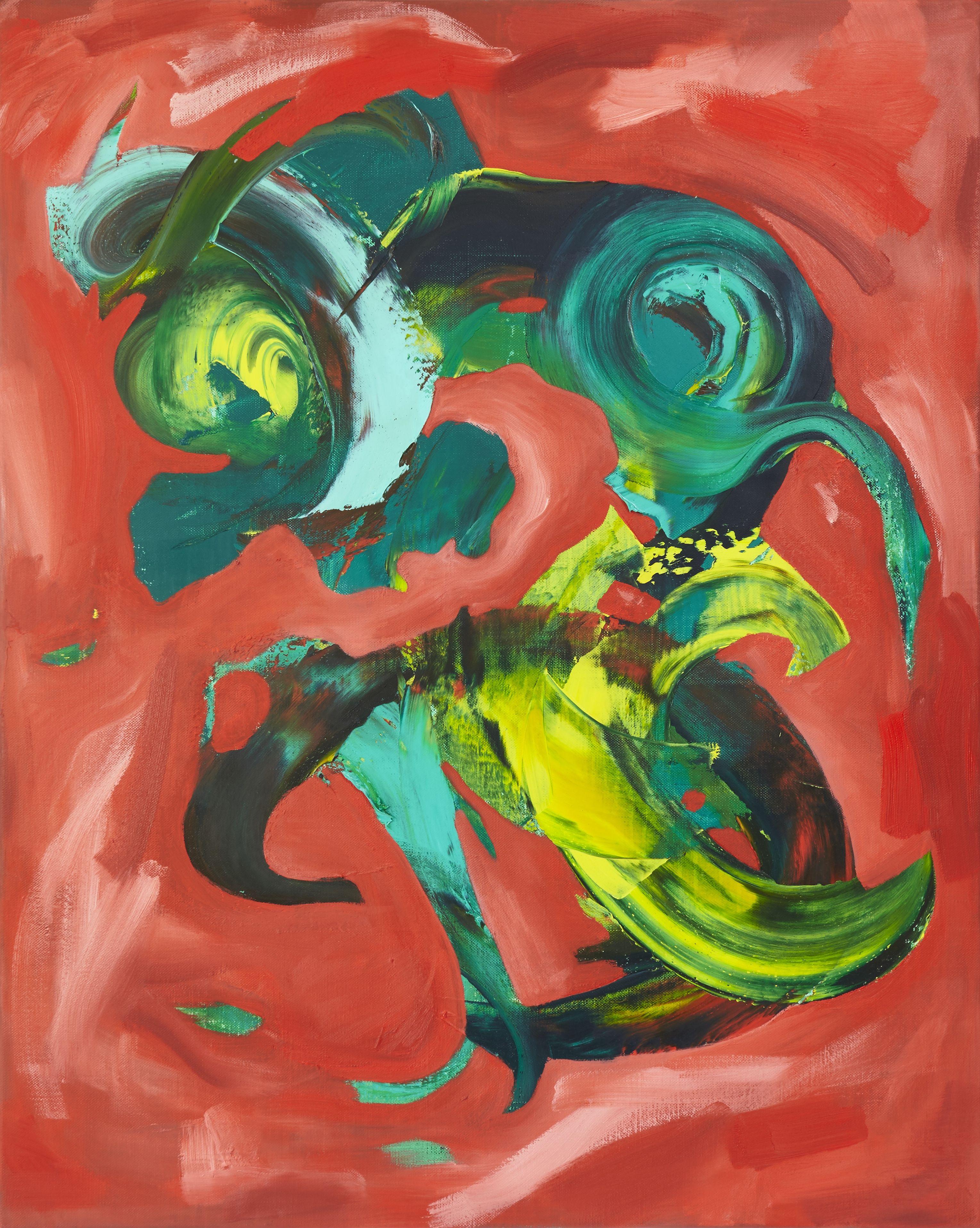 Green and yellow oil paint was pushed around in swirl-like motions with a palette knife. As a final action the green acrylic background was covered by orange oil paint.  This is part of the artistâ€™s ongoing practice, where he intuitively paints