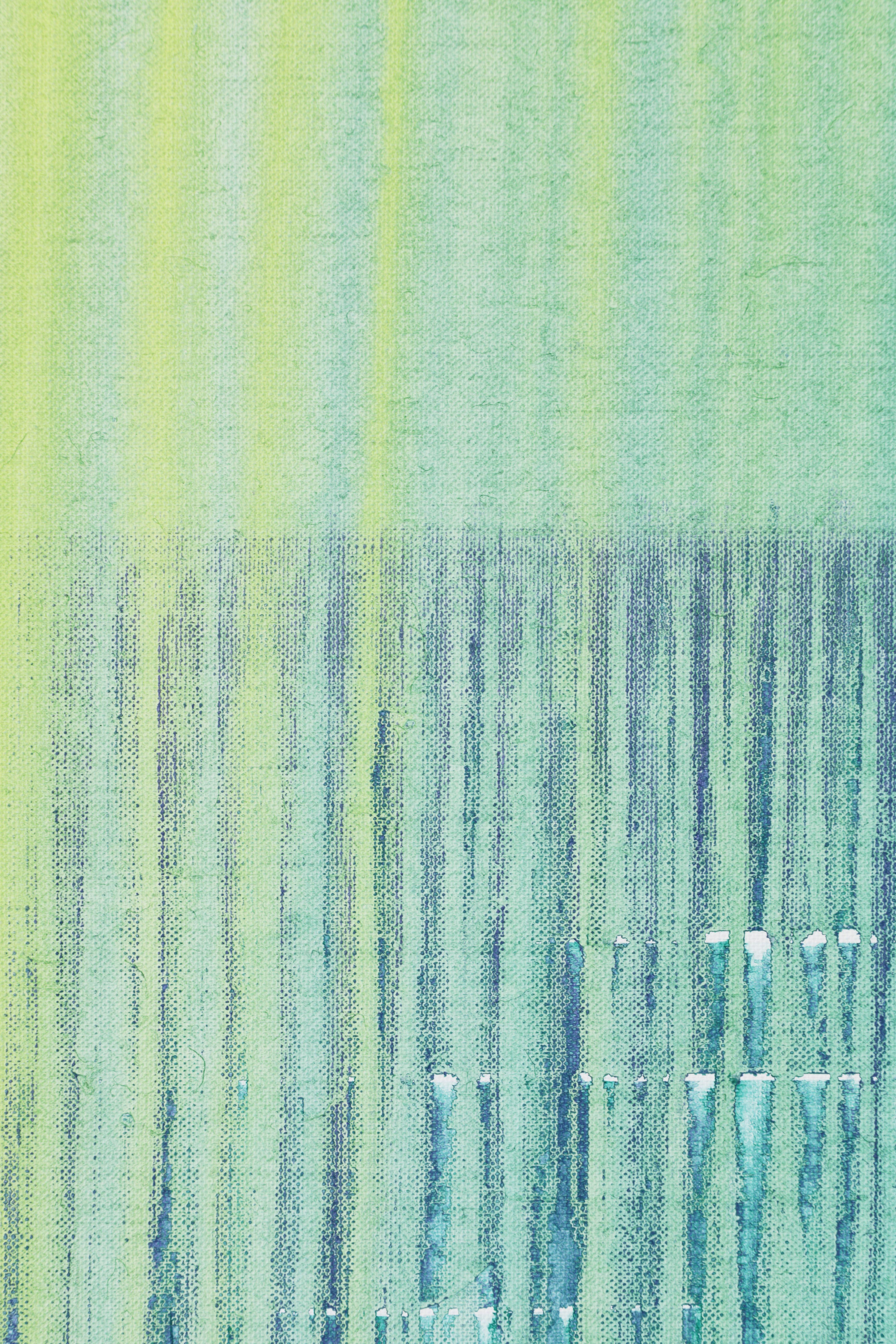 Sheets of colour, folding over each other. Cyan turquoise with purple, covered by lime yellow.  This is part of the artistâ€™s ongoing practice, where he intuitively paints for a few hours each day, allowing for his mood and perception of the day to