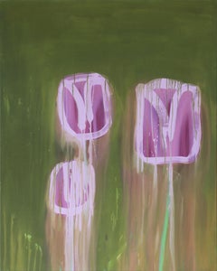 Talking Fast / Magenta Tulips On Dark Green, Painting, Acrylic on Canvas