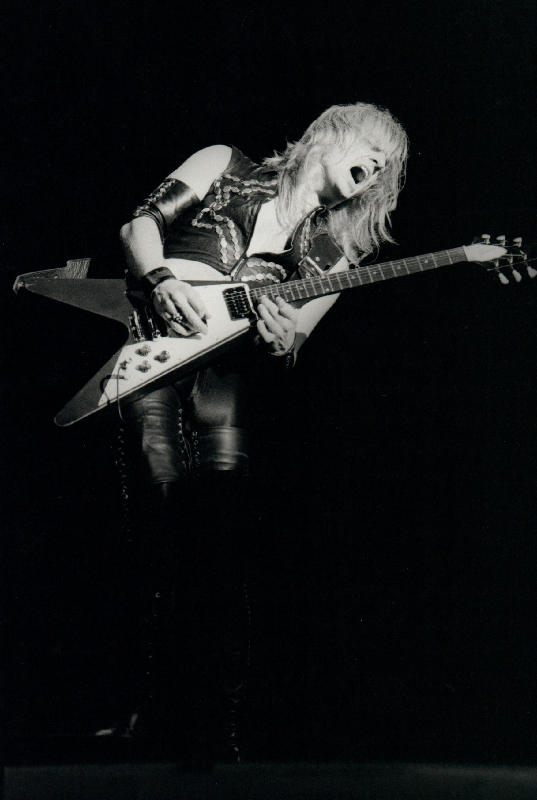 Simon Fowler Black and White Photograph - K.K. Downing of Judas Priest Rocking Out on Stage Vintage Original Photograph