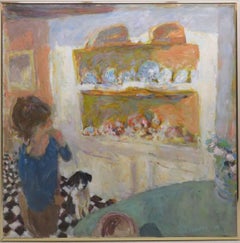 Original large Scottish interior scene oil painting DOG & OWNER IN A KITCHEN