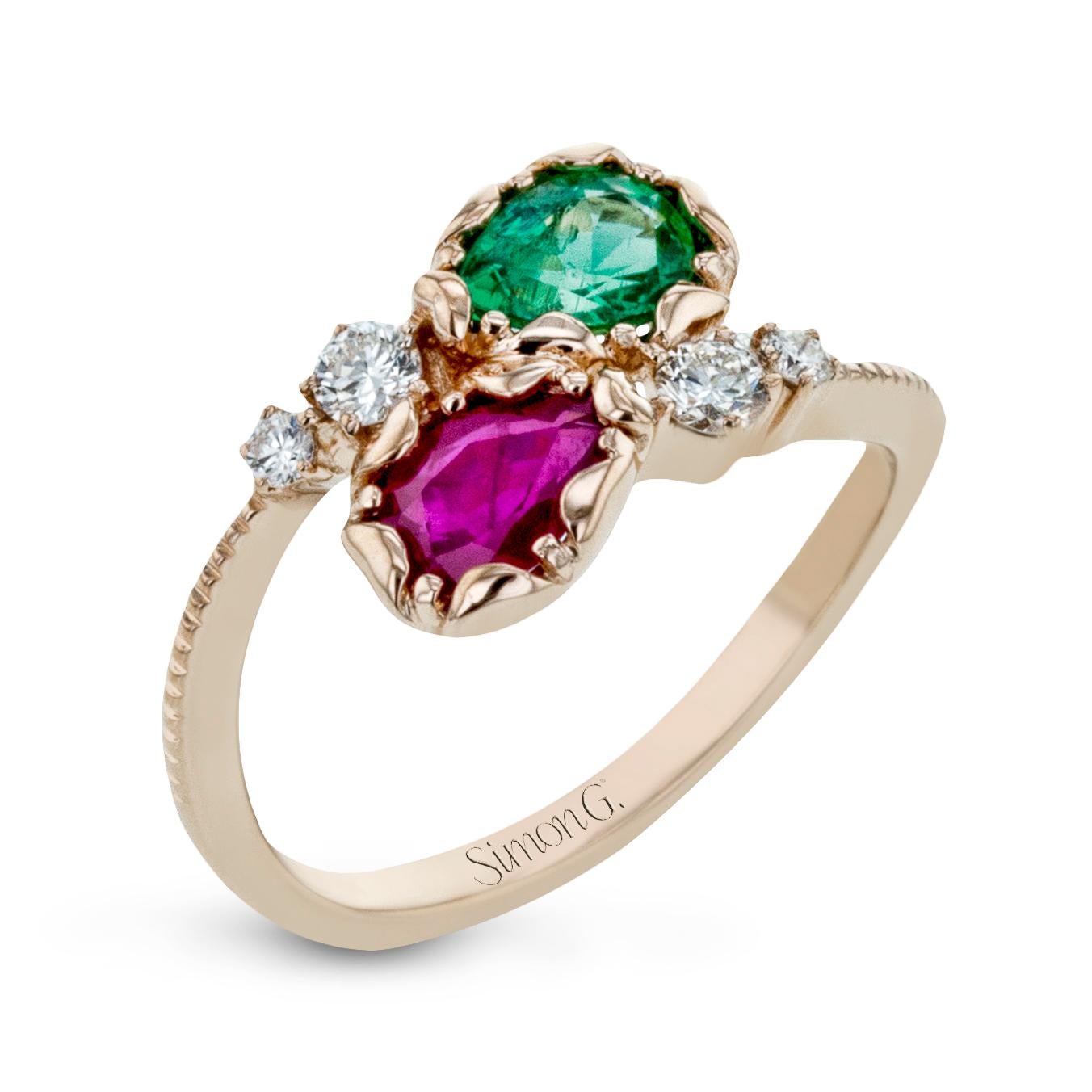 This unique ring features one 0.72 carat pear shaped pink sapphire, one 0.64 carat pear shaped green tsavorite, and 0.27carat total weight in round brilliant cut diamonds set in 18 karat rose gold. This ring is currently a size 6.5 but can be