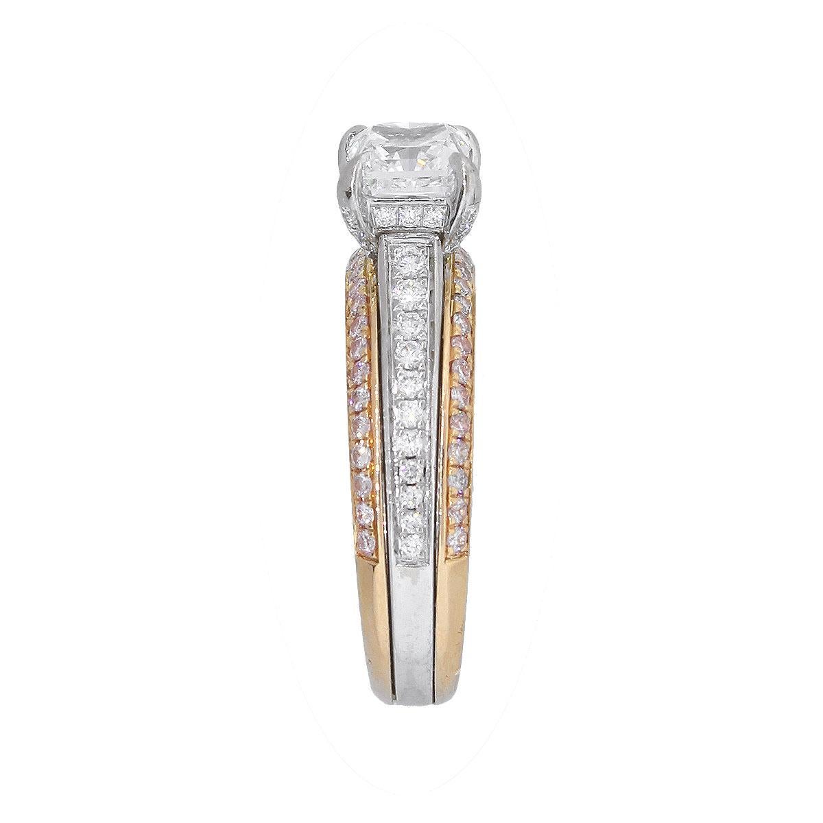 Material: 18k Rose gold and white gold
Center Diamond Details: GIA certified 0.90 carat radiant cut diamond, F in color, VVS1 in clarity GIA# 3215345774
Accent Diamond Details: Approximately 0.23ctw of round brilliant diamonds and 0.25ctw of pink