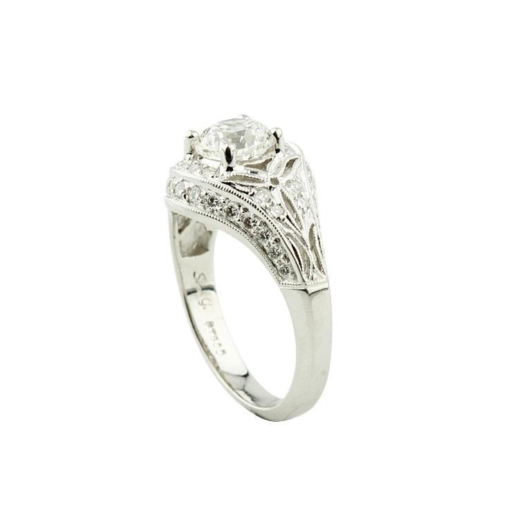 Art Deco Simon G 1.33 Carat Round Brilliant Diamond Platinum Engagement Ring For Sale