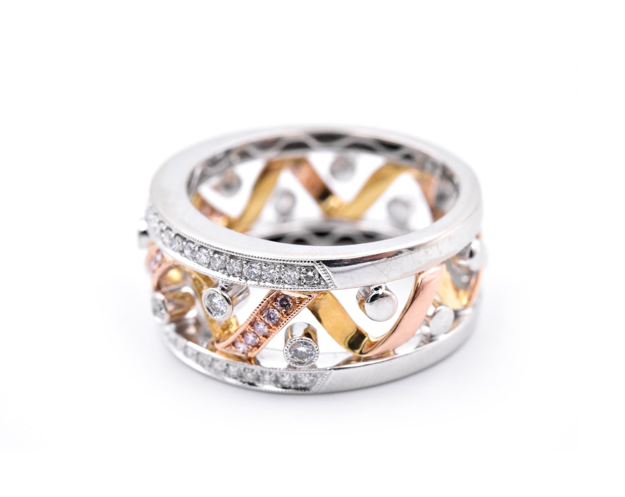 Round Cut Simon G 18 Karat Tri Tone Diamond, Pink Diamond, and Yellow Diamond Cigar Band