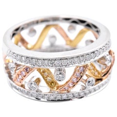 Simon G 18 Karat Tri Tone Diamond, Pink Diamond, and Yellow Diamond Cigar Band