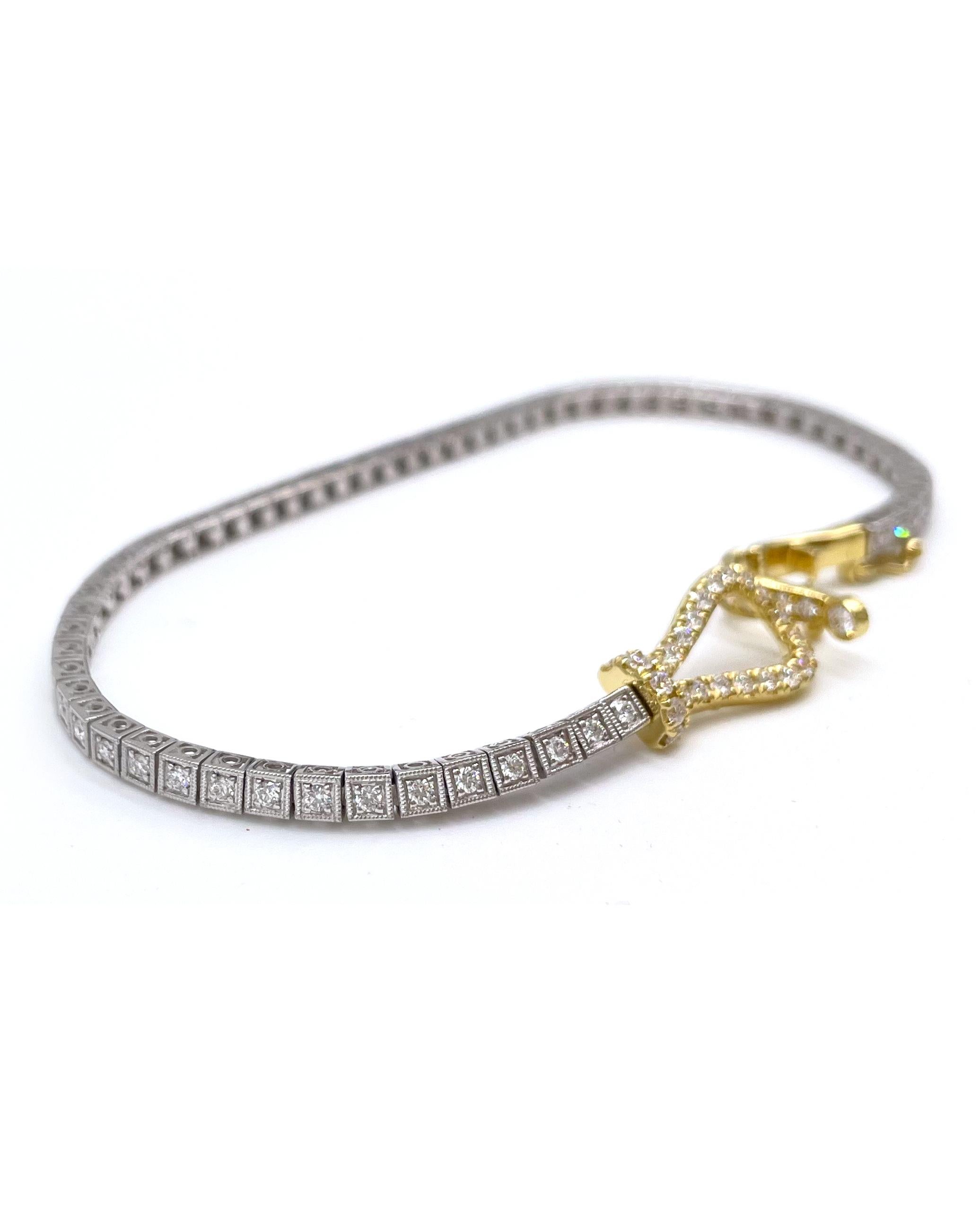 Contemporary Simon G. 18K Two Tone Gold Diamond Tennis Bracelet - MB1733-Y For Sale