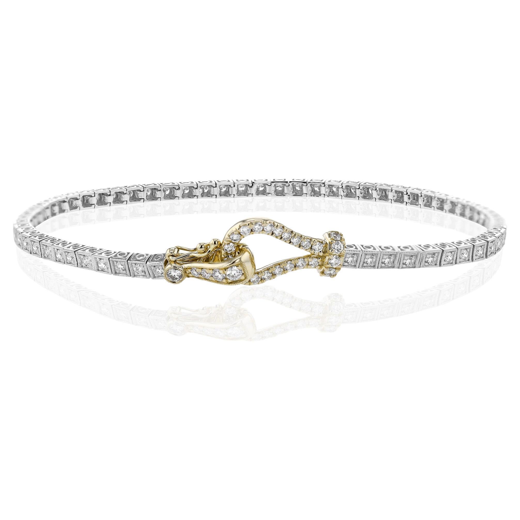 Simon G. Bracelet tennis en or bicolore 18 carats avec diamants et boucle en forme de boucle effilée en vente