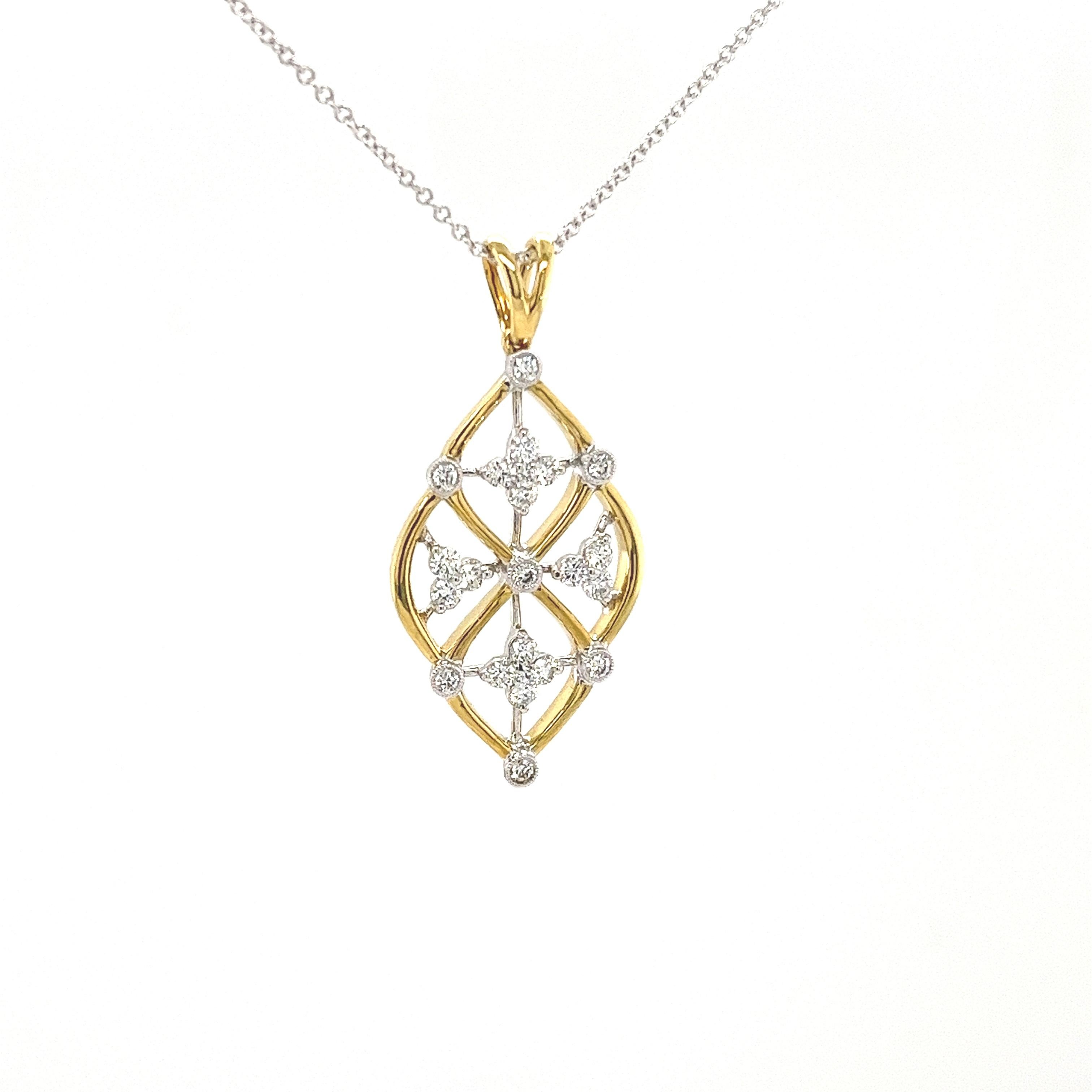 Simon G. 18K Yellow & White Two-Tone Gold Diamond Pendant Featuring Round White Cut Diamonds Weighing 0.44 Carats Total Weight Set in a Lacework Design on an Adjustable 17