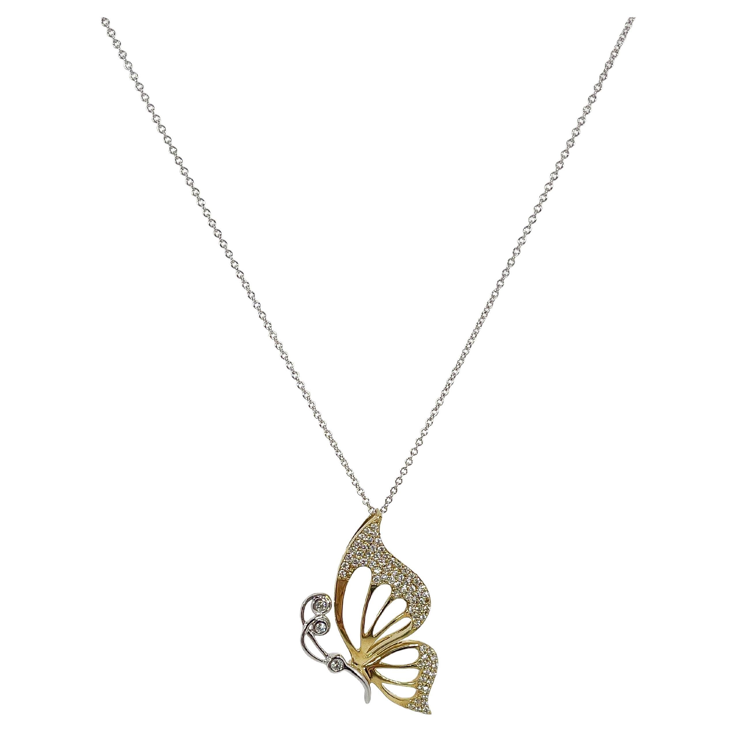 Simon G 18K Two Toned Open .46 CTW Diamond Butterfly Pendant Necklace For Sale