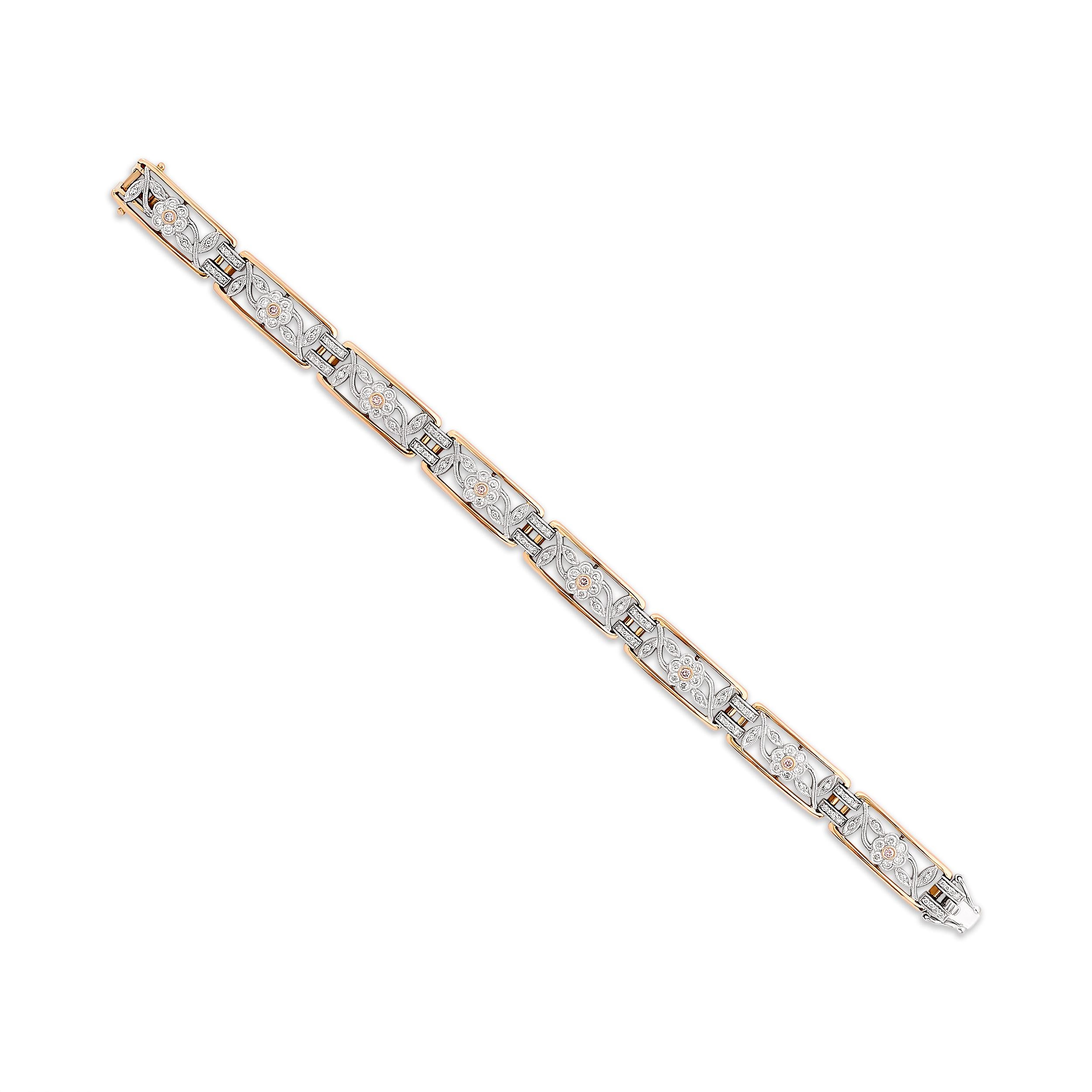 Ravel in the delicate beauty of this Simon G bracelet, where the blend of rose and white gold intertwines with pink and white diamonds in a captivating flower link pattern.

The bracelet has 8 round pink diamonds that weight approximately 0.18 total