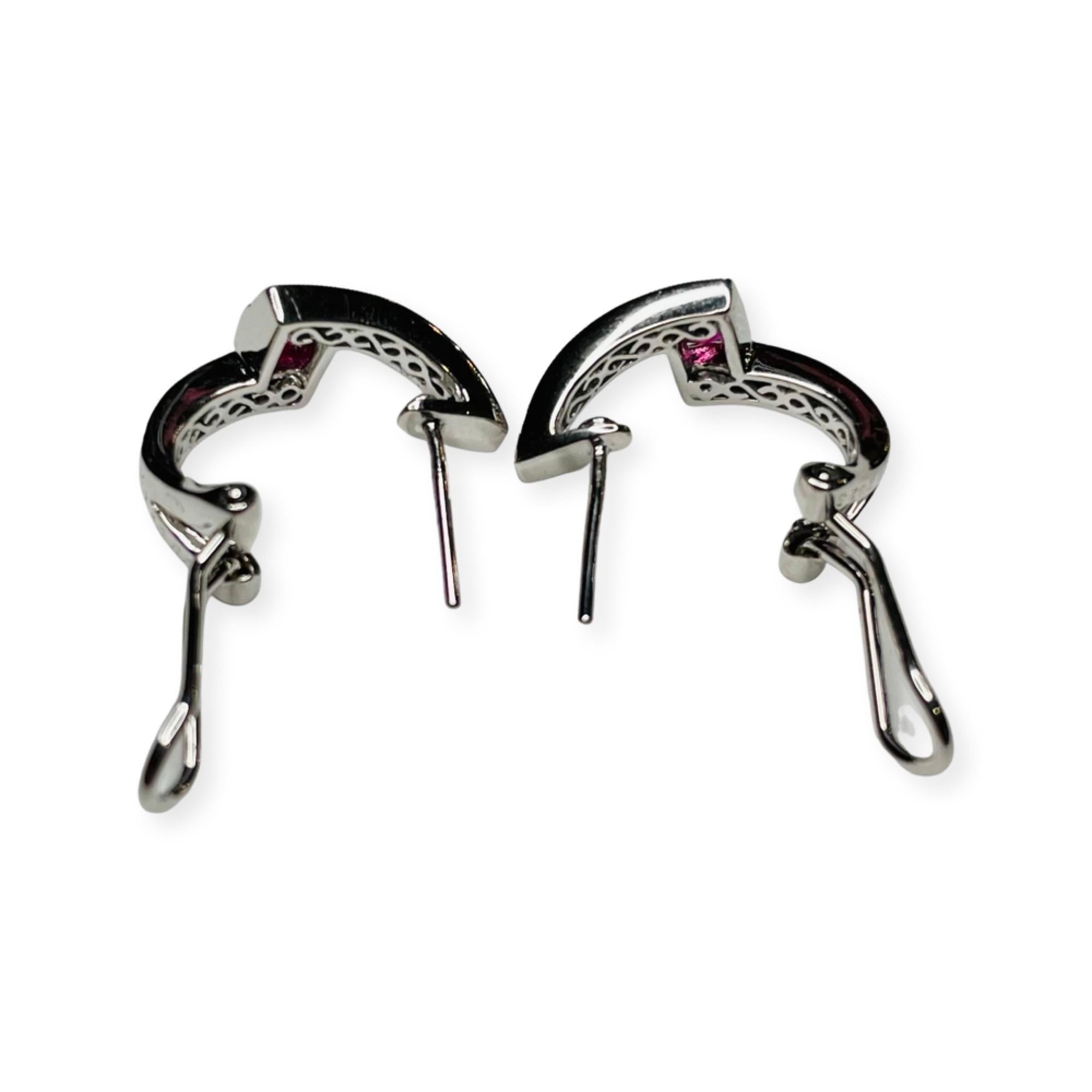 Princess Cut Simon G 18K White Gold Natural Ruby and Diamond Earrings For Sale