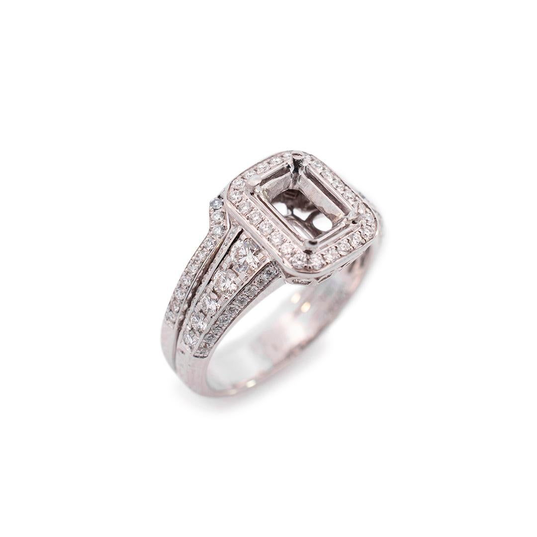 Eine Damen Designer gemacht poliert Rhodium plattiert 18K Weißgold, Diamant Engagement, semi-Mount, Halo-Ring mit einem halben runden Schaft. Der Ring hat die Größe 6 und misst ca. 10,95 mm, verjüngt sich in der Breite auf 3,95 mm und wiegt