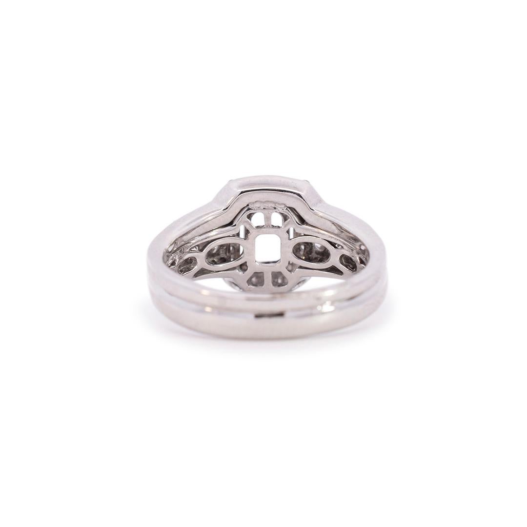 Round Cut Simon G 18K White Gold Rectangle Semi Mount Halo Diamond Engagement Ring For Sale