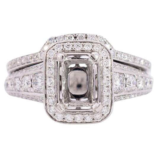 Simon G 18K White Gold Rectangle Semi Mount Halo Diamond Engagement Ring For Sale
