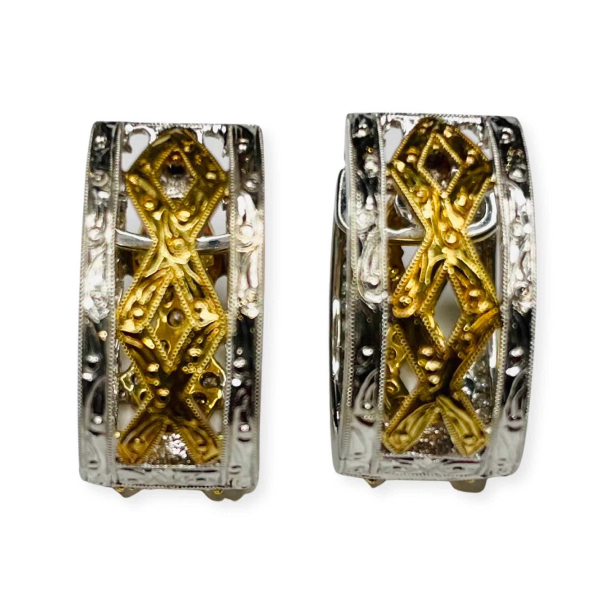 18K White & Yellow Gold Reversible Huggies Diamond Earrings by Simon G. The earrings are 18.5mm long. They are 11mm wide. There are 90 full cut round brilliant diamonds of VS clarity and G color for a total diamond weight of 0.72 carats.  There are