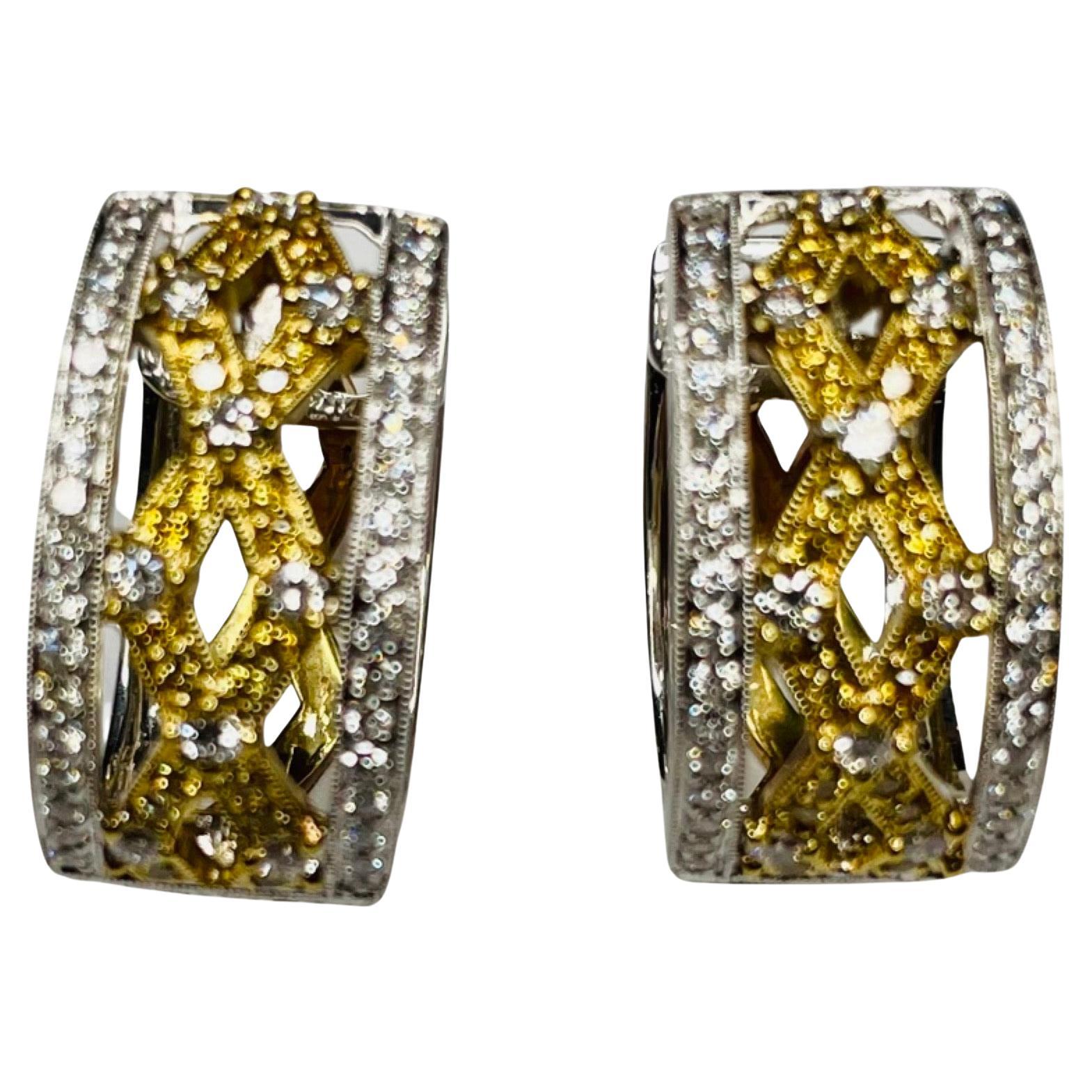 Simon G 18K White & Yellow Gold Reversible Huggie Diamond Earrings For Sale
