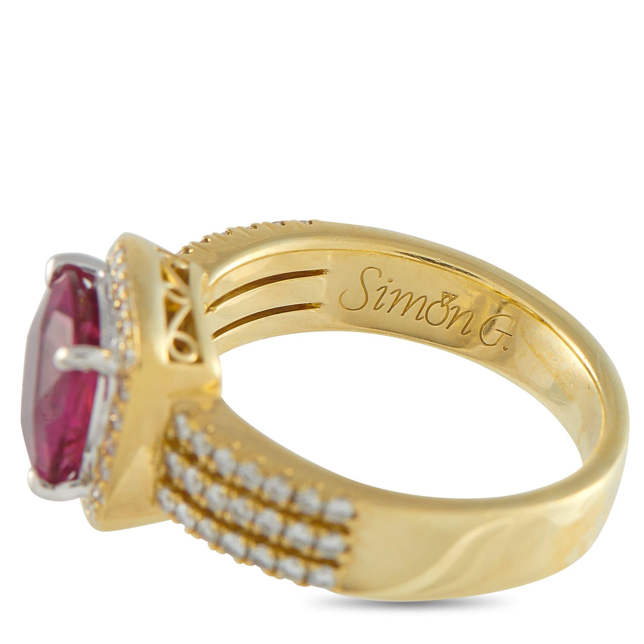Simon G Anello in oro giallo 18 carati con diamanti e rubellite da 0,45 carati SI10-071025 In condizioni ottime in vendita a Southampton, PA
