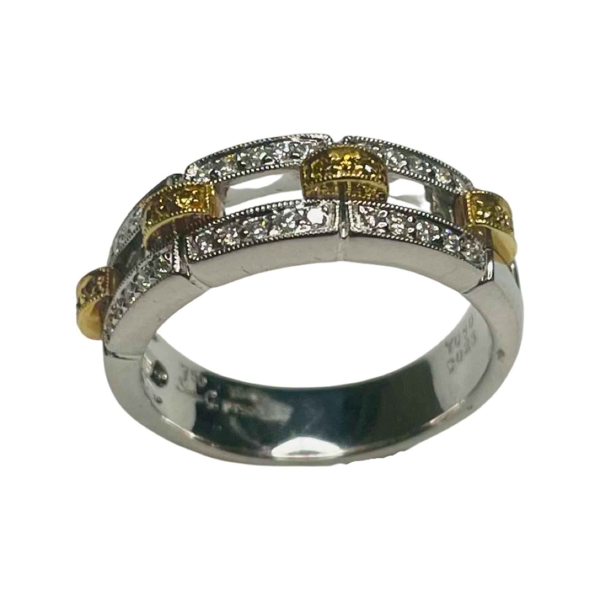 Simon G: 18 Karat Gelbgold und Platin Ring mit natürlichen gelben und weißen Diamanten (Rundschliff) im Angebot