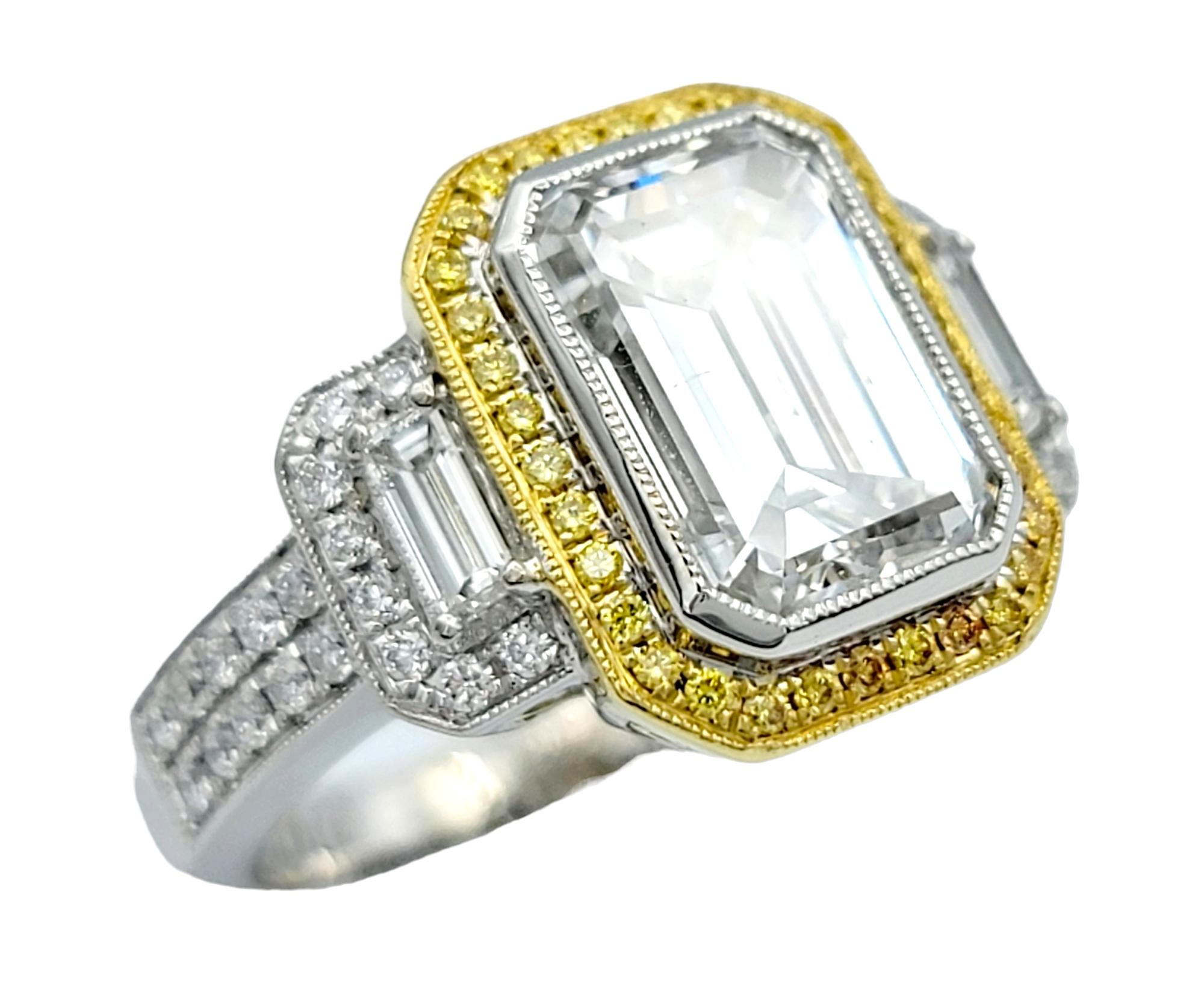Contemporary Simon G. 3.5 Carat Emerald Cut Diamond Three Stone Engagement Ring Two Tone Gold For Sale