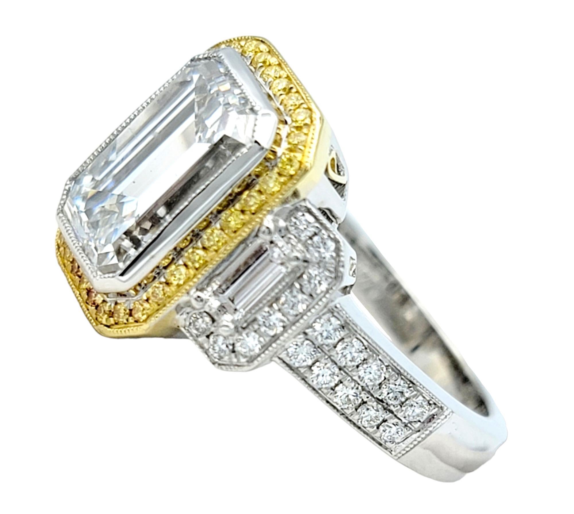 Simon G. 3.5 Carat Emerald Cut Diamond Three Stone Engagement Ring Two Tone Gold In Good Condition For Sale In Scottsdale, AZ