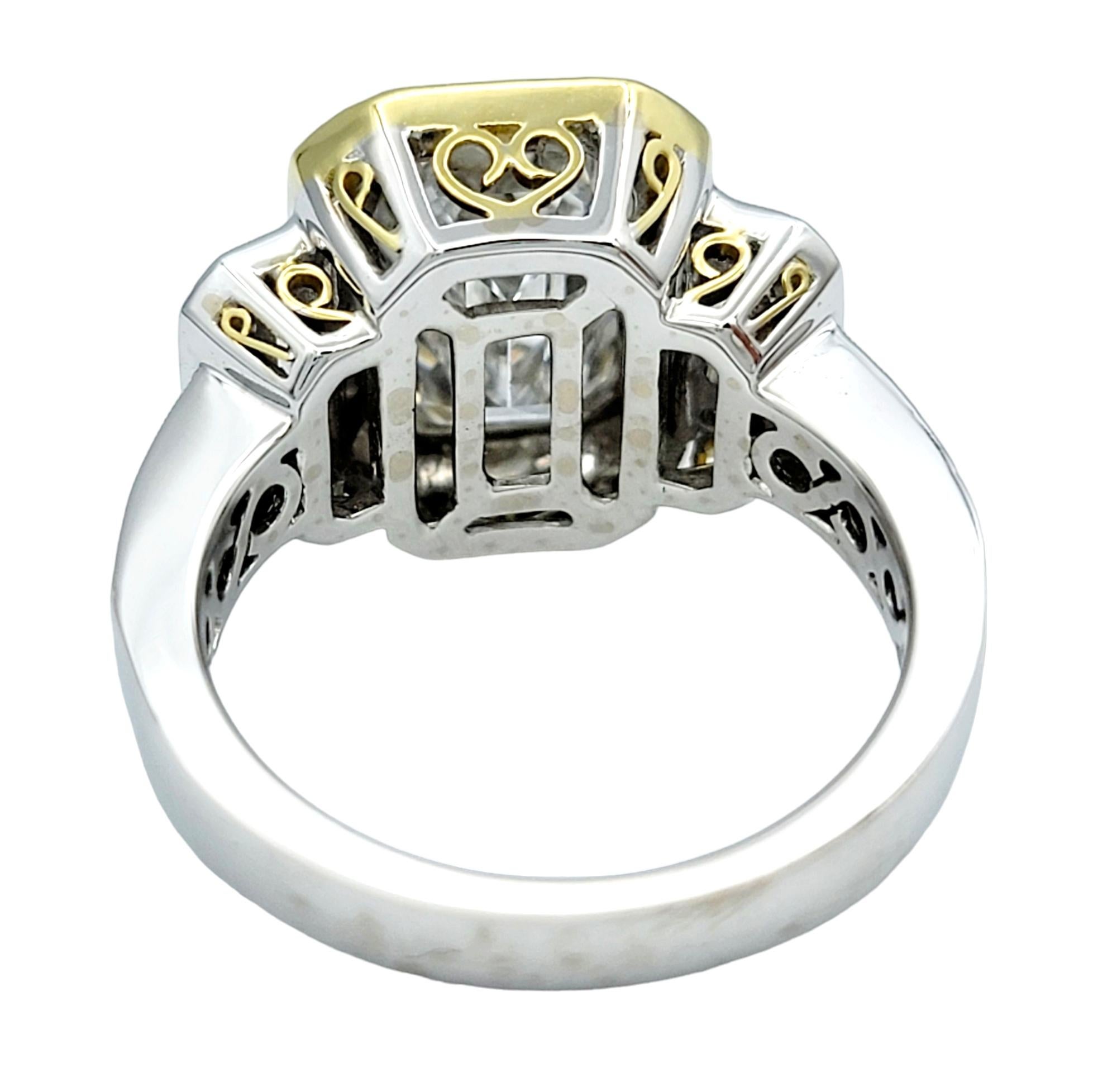 Women's Simon G. 3.5 Carat Emerald Cut Diamond Three Stone Engagement Ring Two Tone Gold For Sale
