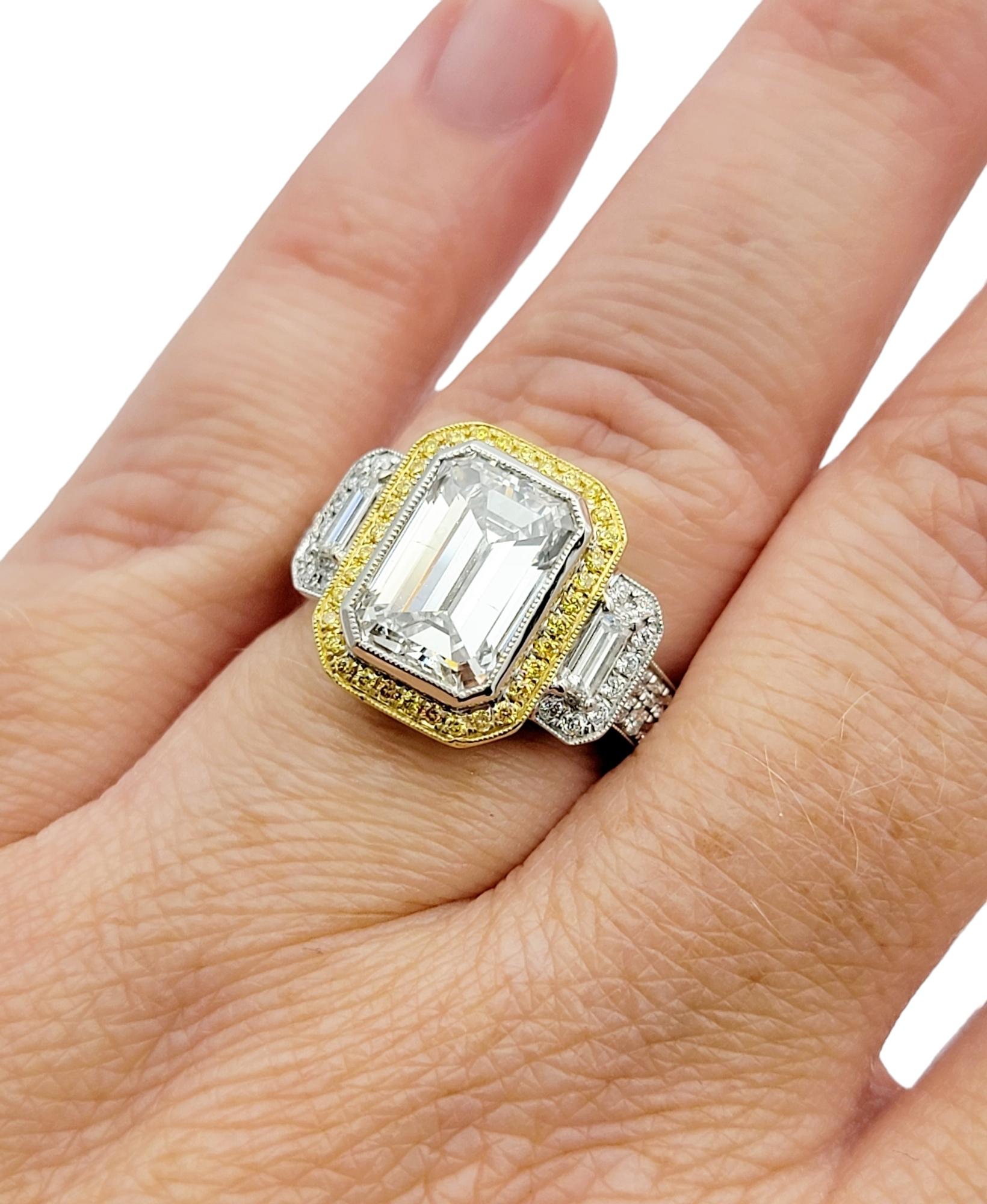 Simon G. 3.5 Carat Emerald Cut Diamond Three Stone Engagement Ring Two Tone Gold For Sale 3