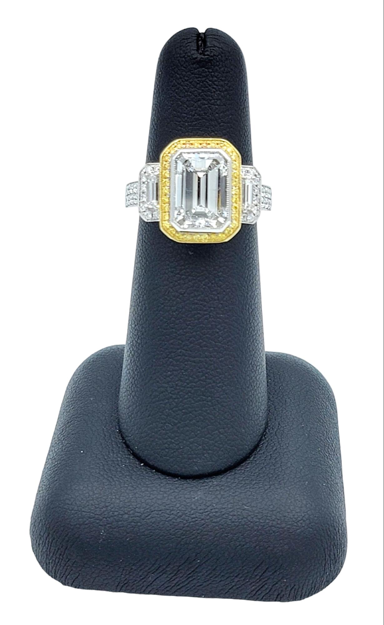 Simon G. 3.5 Carat Emerald Cut Diamond Three Stone Engagement Ring Two Tone Gold For Sale 4