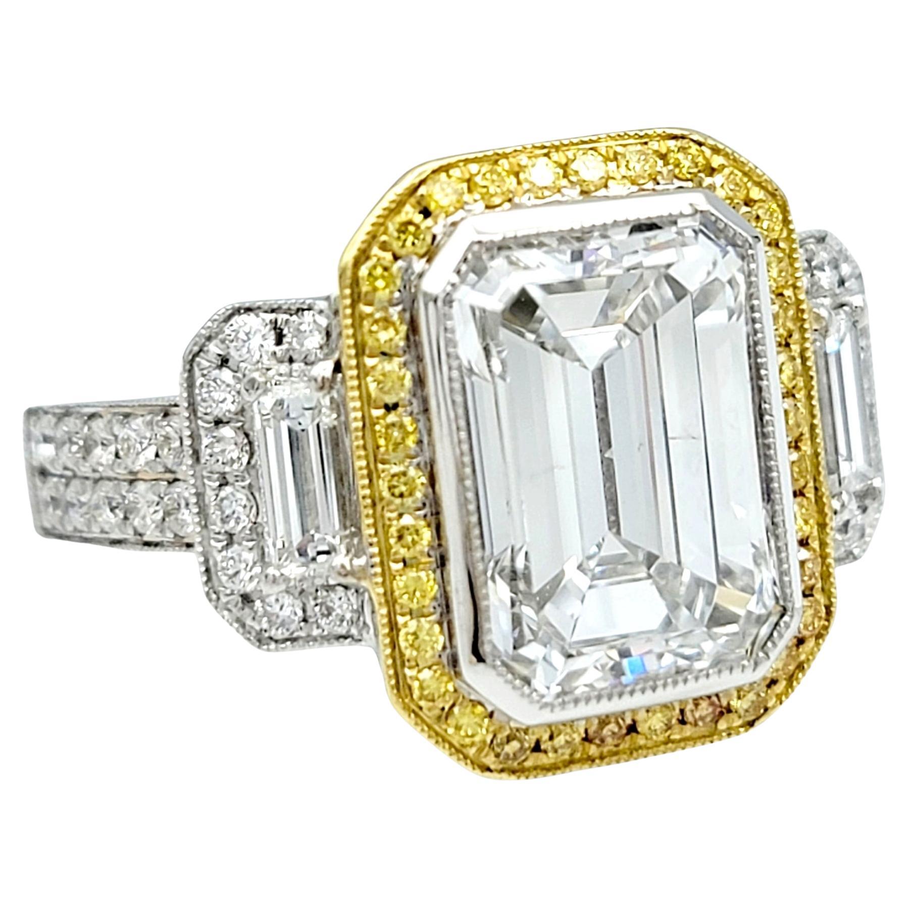 Simon G. 3.5 Carat Emerald Cut Diamond Three Stone Engagement Ring Two Tone Gold For Sale