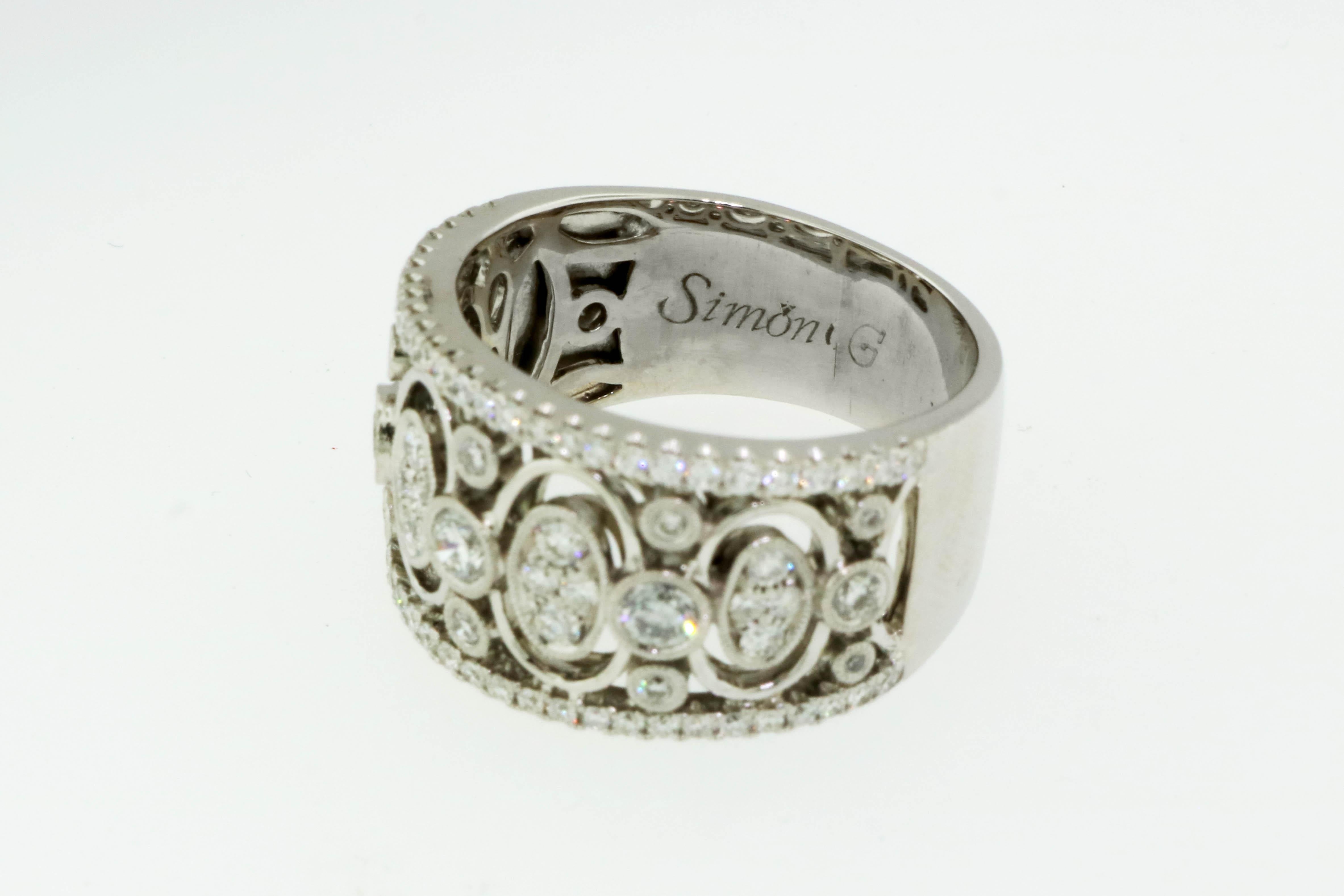 Contemporary Simon G. Explorer Diamond Wide Band Ring 18 Karat White Gold 1.05 Carat Total For Sale