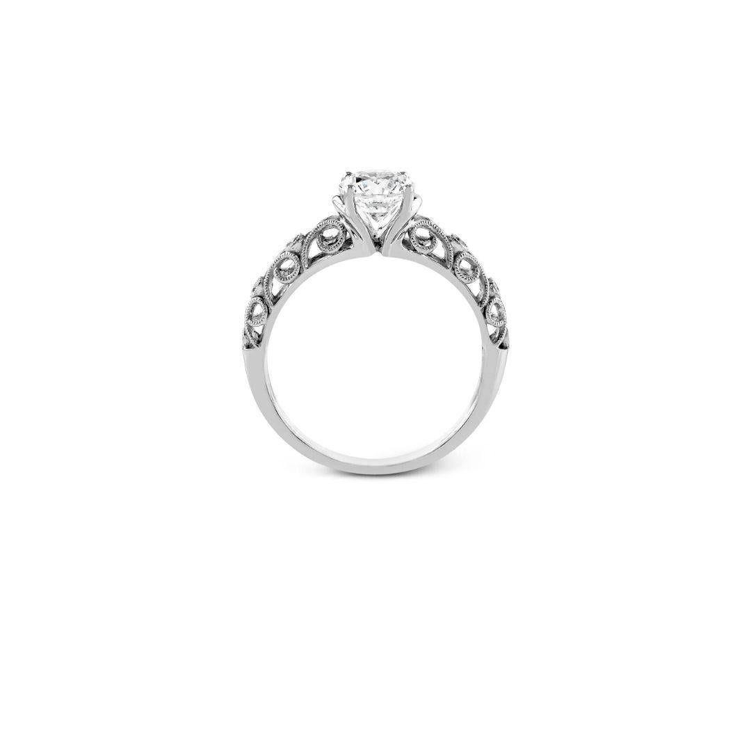This lovely four prong vintage style engagement mounitng in 14K white gold shines with  0.04ctw of white diamonds. It is a beautiful addition to the Nature Lover Collection from Zeghani by couture bridal designer Simon G. Diamonds are G color, VS