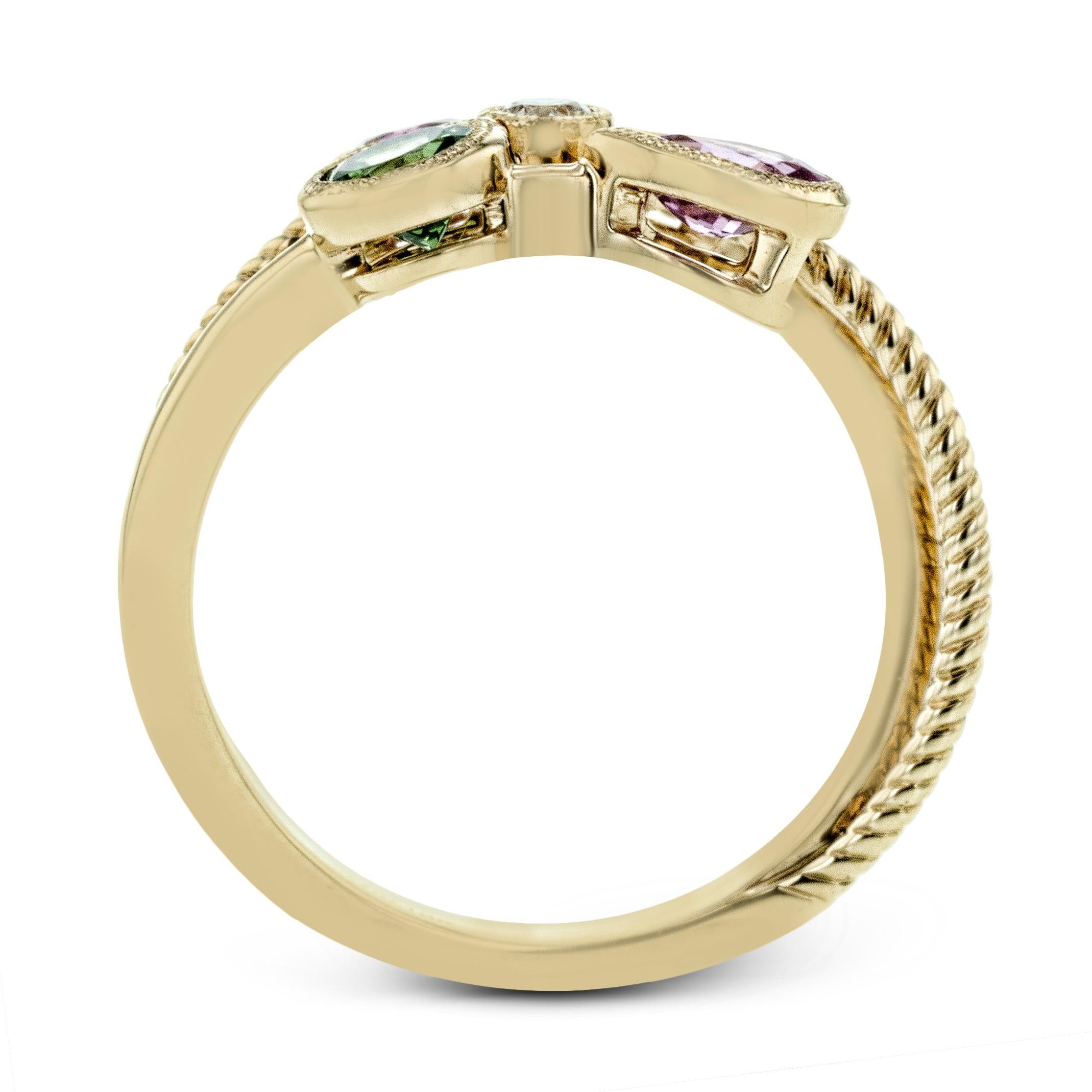 Simon G. Modischer Ring mit grünem Tsavorit, rosa Saphir, rosa Spinell und Diamant (Rundschliff) im Angebot