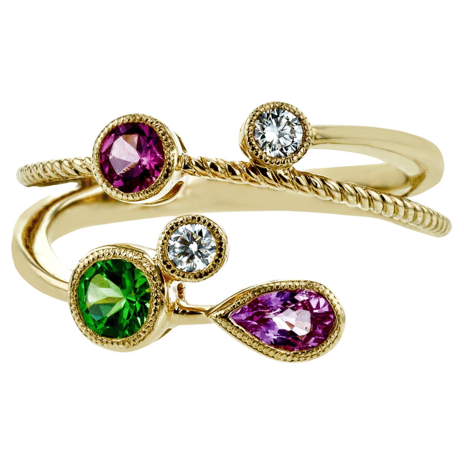 Simon G. Modischer Ring mit grünem Tsavorit, rosa Saphir, rosa Spinell und Diamant