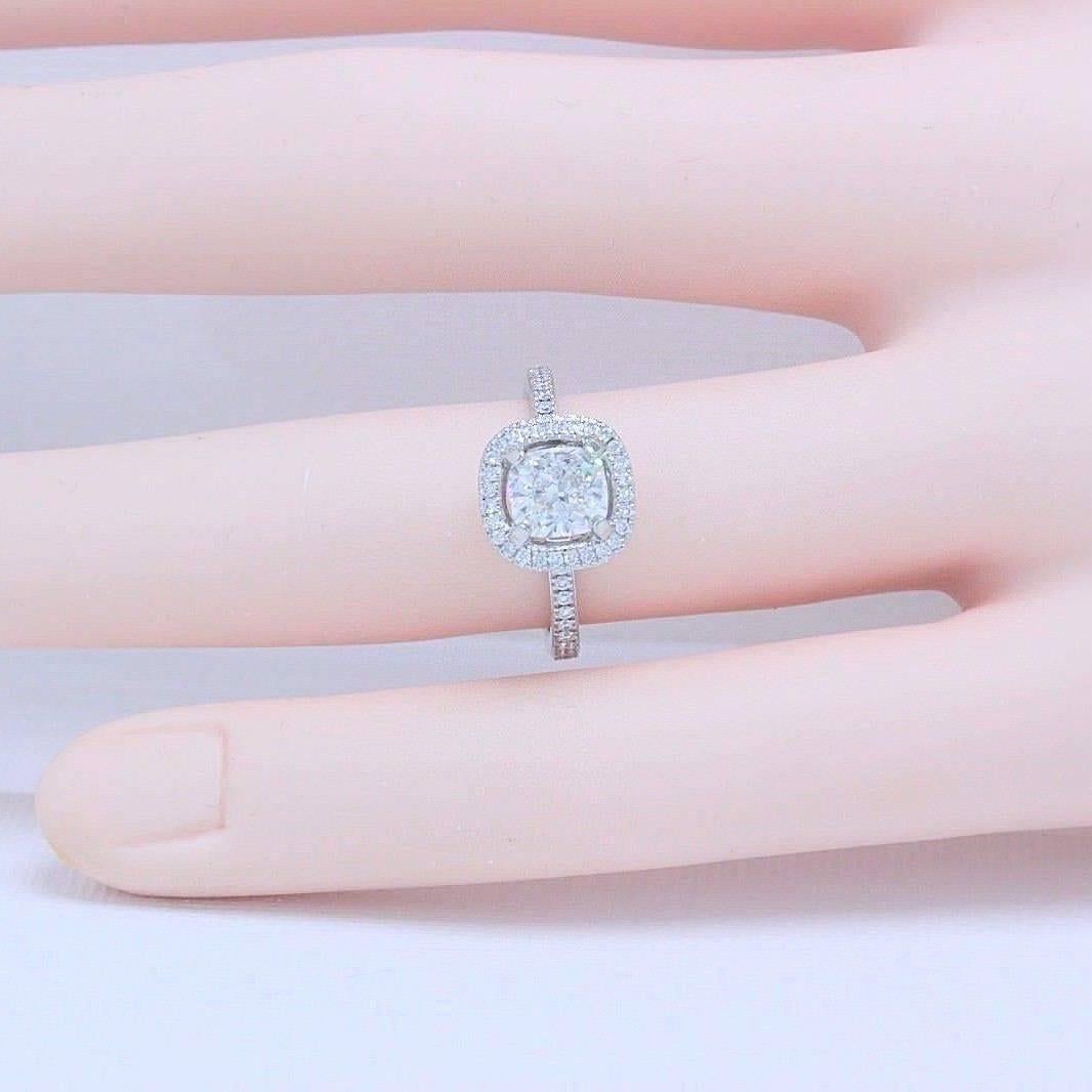 Simon G Halo Diamond Ring Pave Band Cushion 1.31 Carat F VVS1 Platinum In Excellent Condition For Sale In San Diego, CA