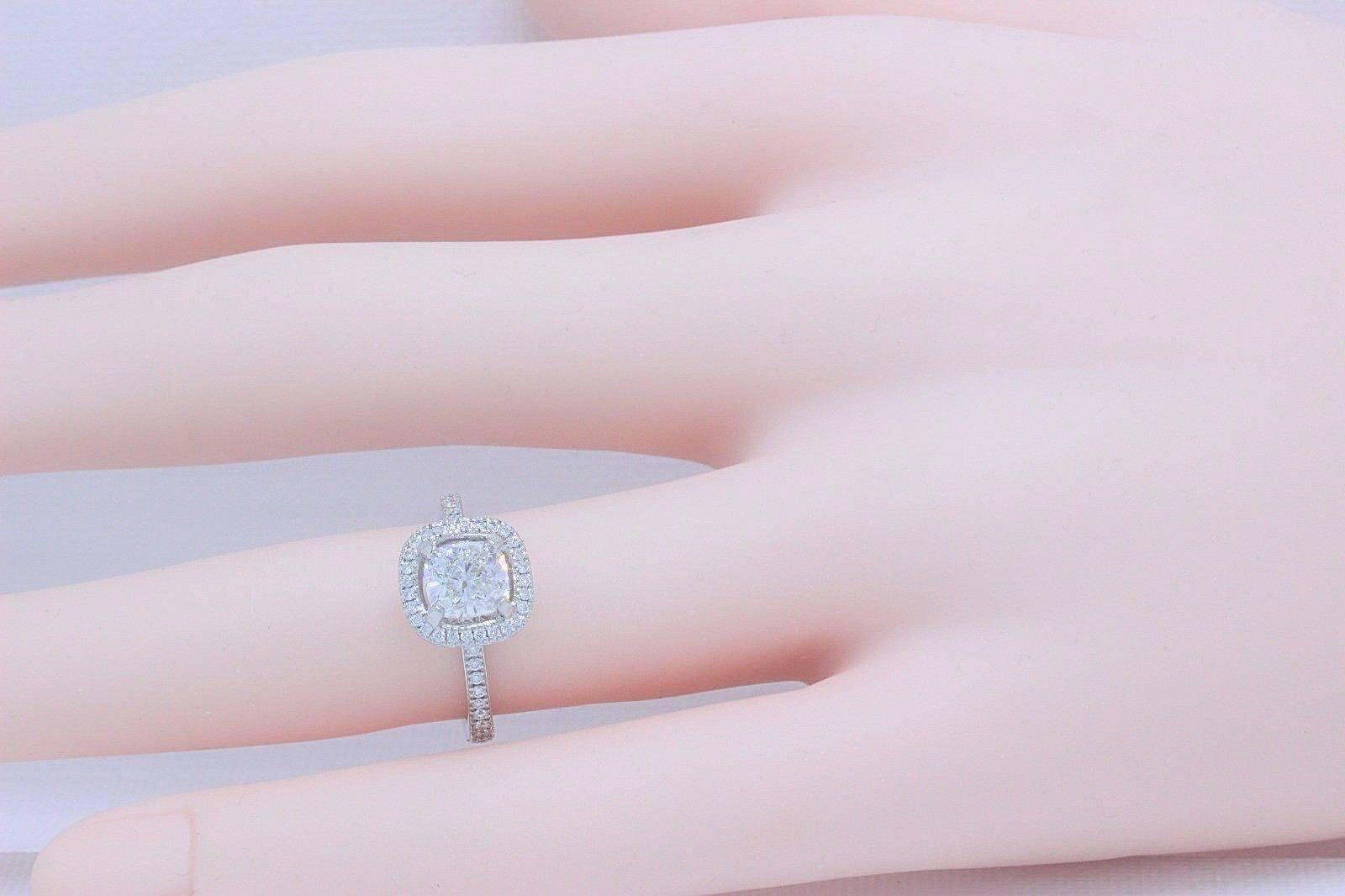 Women's Simon G Halo Diamond Ring Pave Band Cushion 1.31 Carat F VVS1 Platinum For Sale