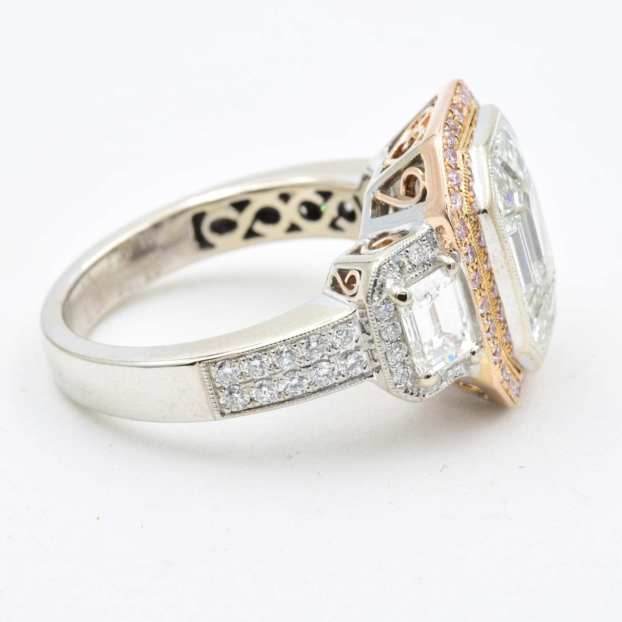 Emerald Cut Simon G LP2061 3.56 Ct. Mosaic Diamond Ring Pink in 18k White and Rose Gold