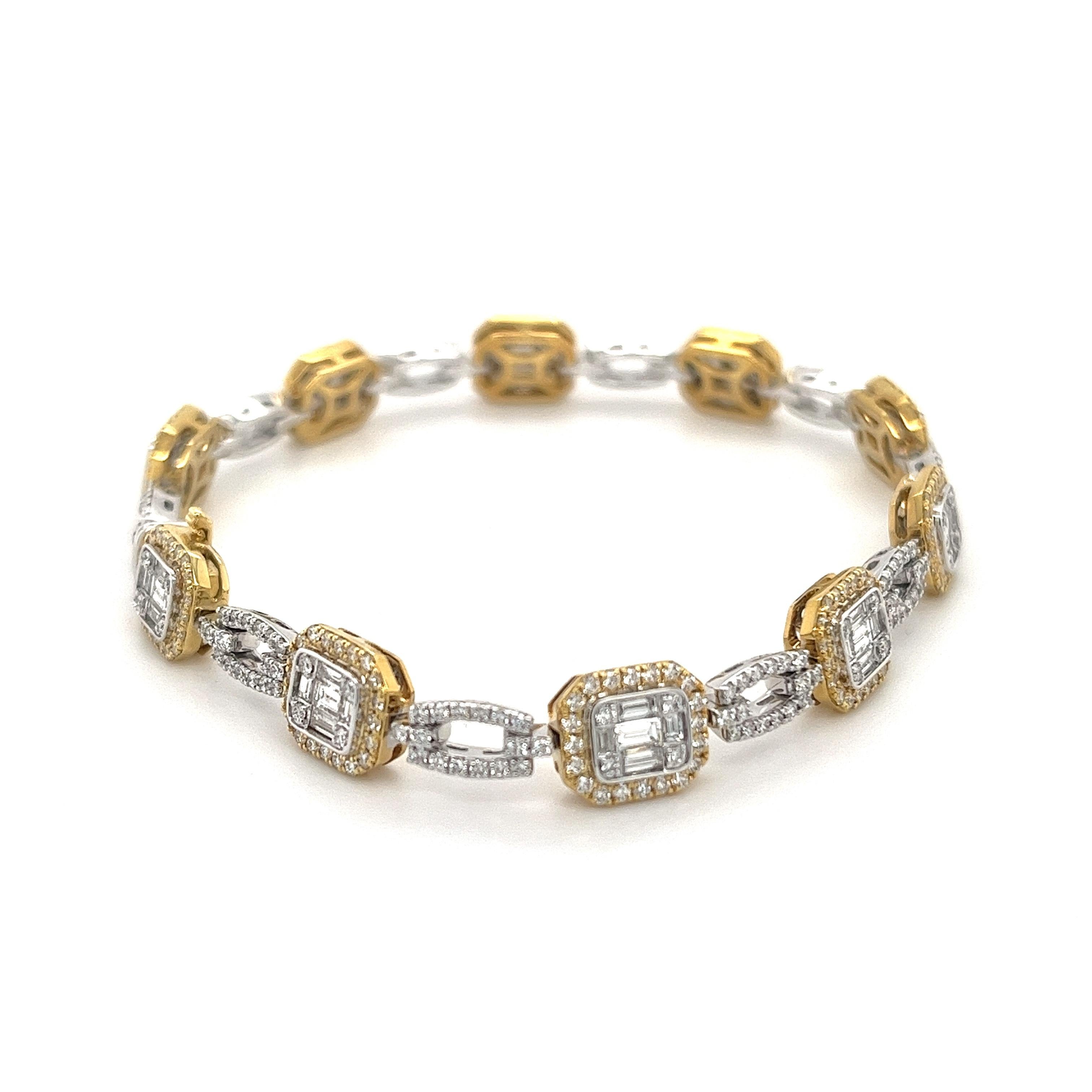 Modern Simon G. Mosaic Diamond Baguette Tennis Bracelet in 18K White and Yellow Gold