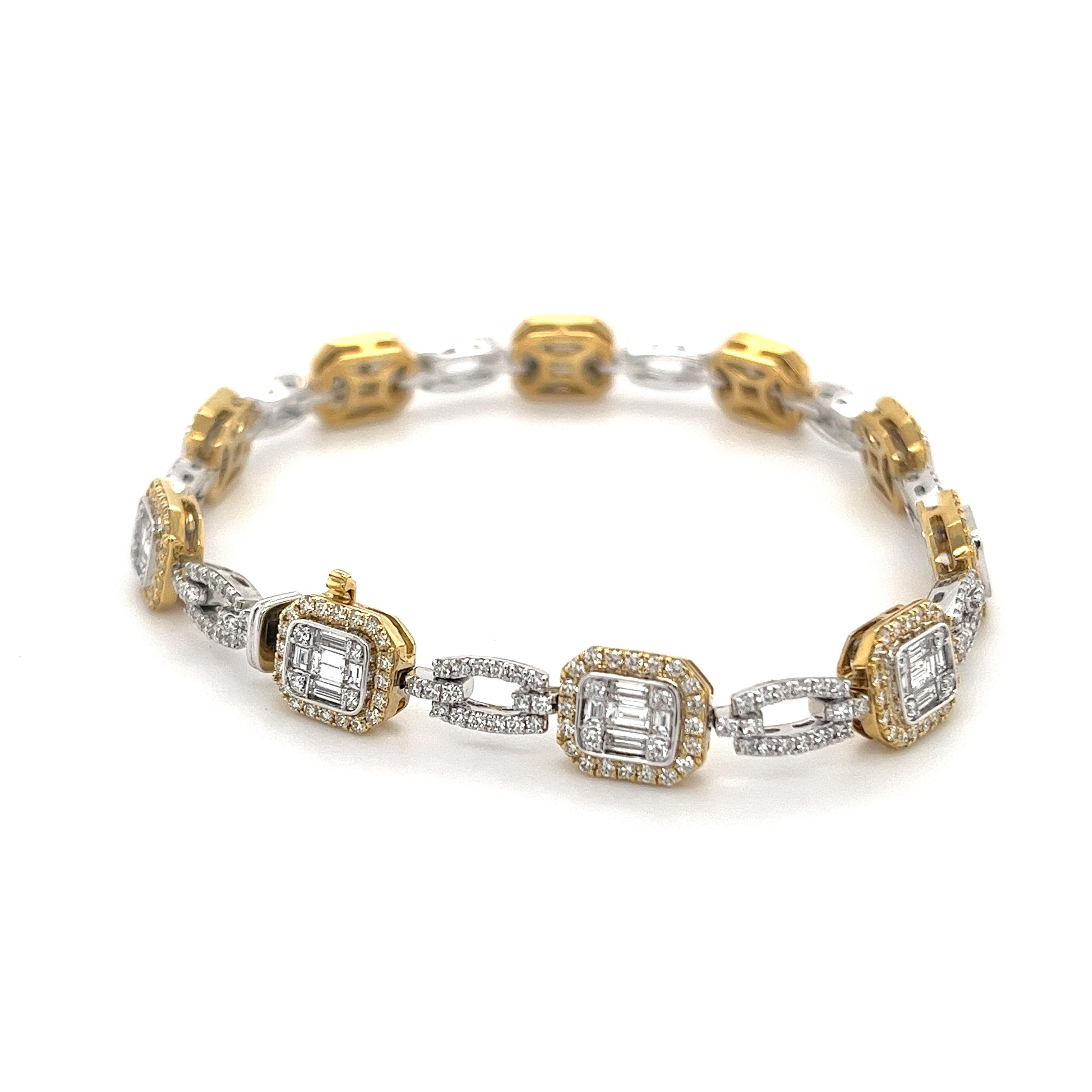 Simon G. Mosaic Diamond Baguette Tennis Bracelet in 18K White and Yellow Gold In New Condition In Lumberton, TX