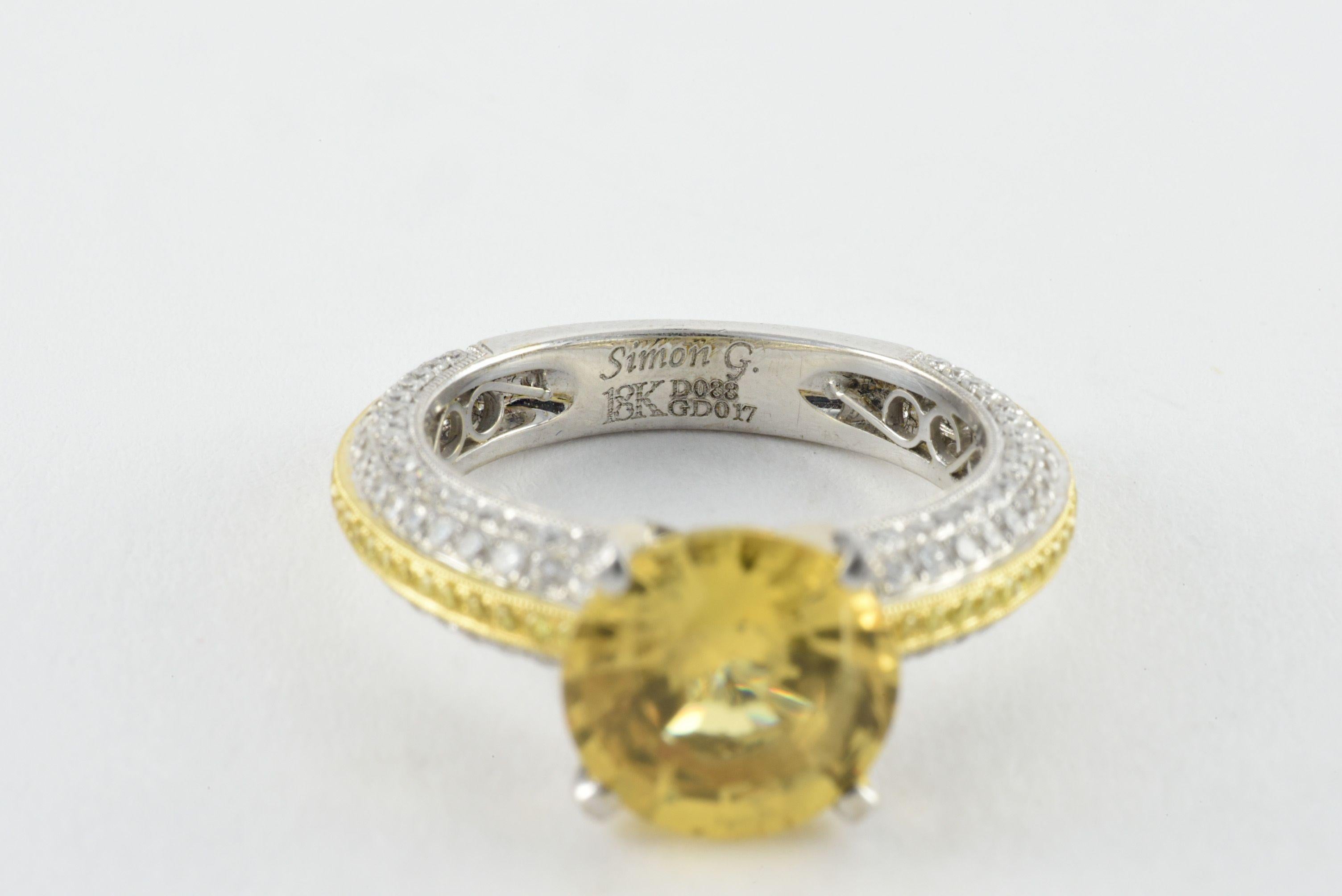 Round Cut Simon G Natural Unheated Yellow Sapphire and Diamond Ring For Sale