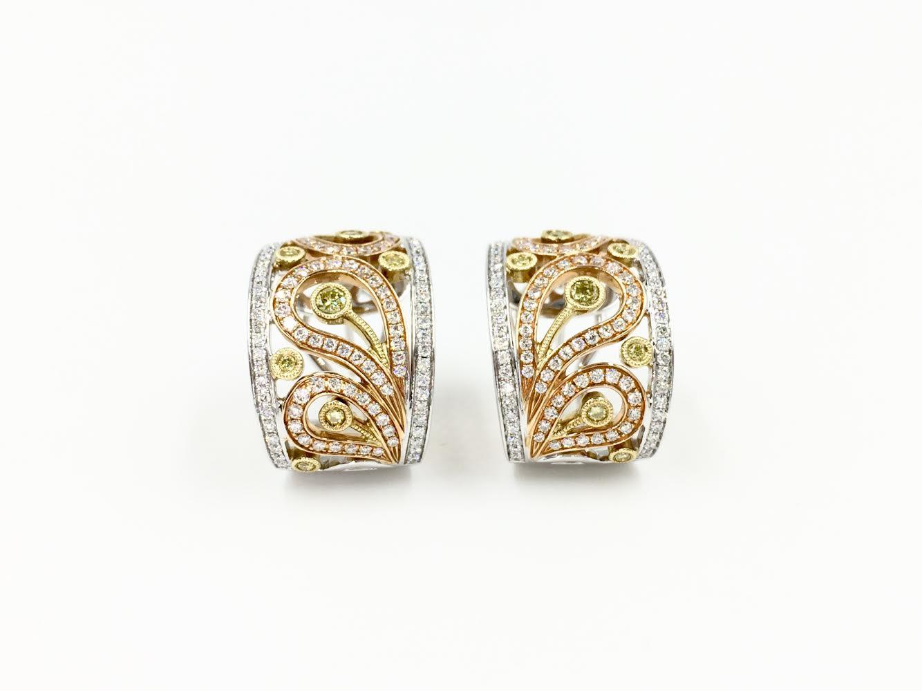 Authentic Simon G. 18 karat yellow, rose and white gold earrings from the beautiful Paisley Collection with a total diamond weight of 1.24 carats. These wearable and chic earrings have .99 carats of round brilliant white diamonds and .25 carats of
