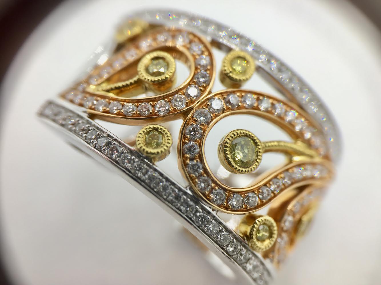 Contemporary Simon G. Paisley Design Tri-Color 18 Karat Diamond Earrings