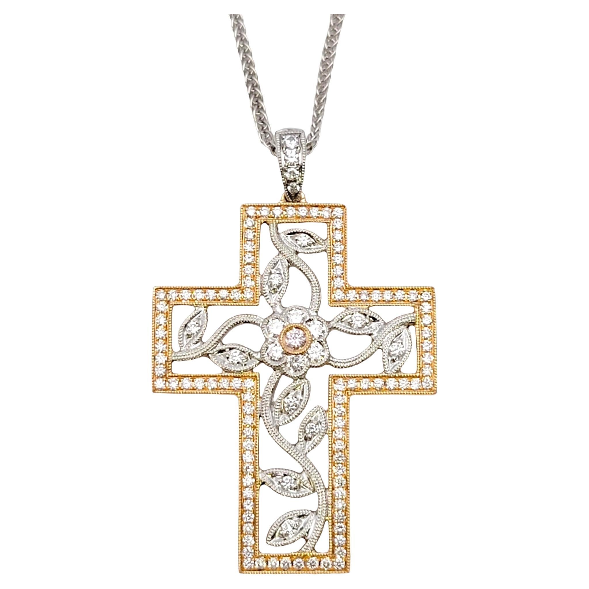 Simon G Two Tone Floral Motif Diamond Cross Pendant Necklace in 18 Karat Gold