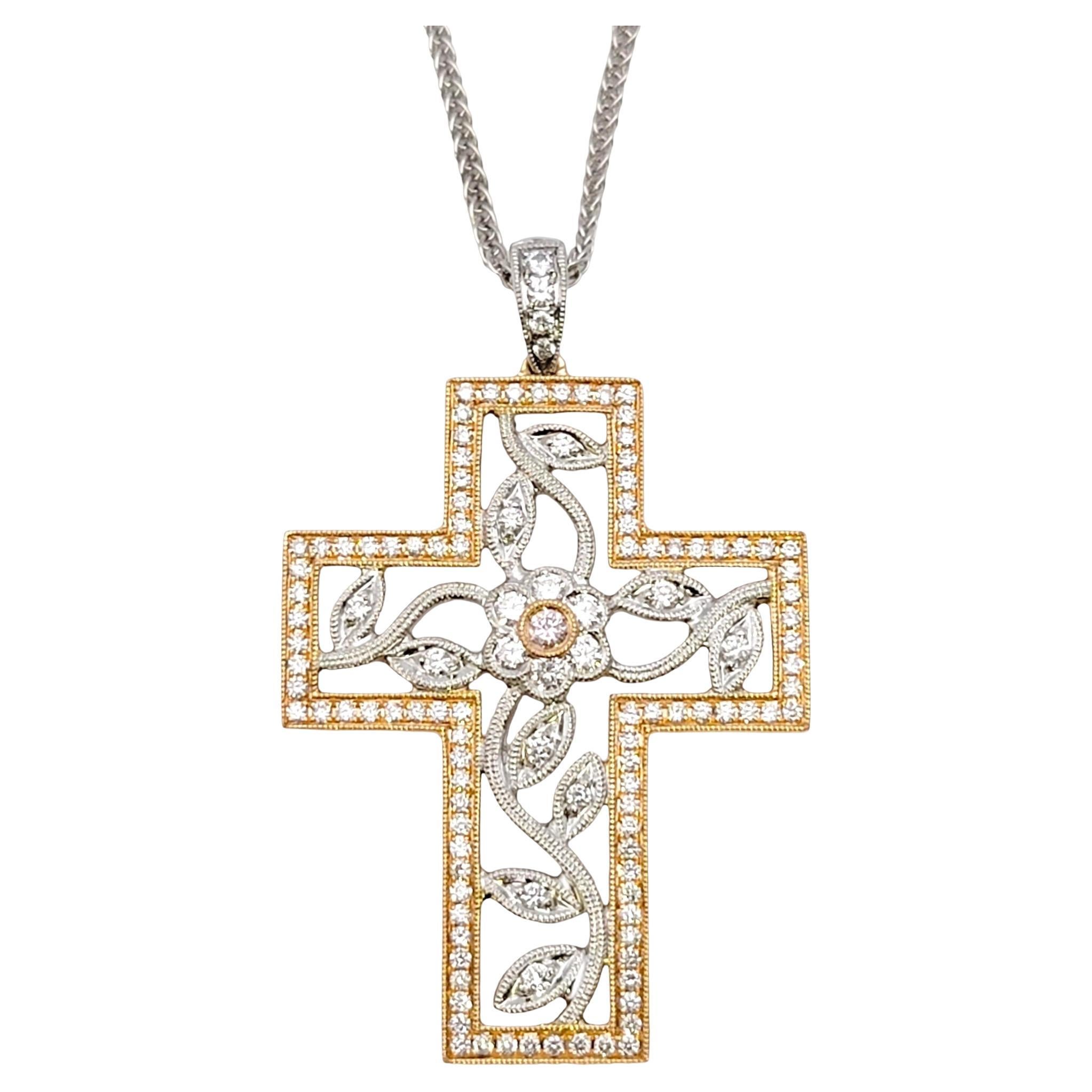 Simon G Halskette mit Kreuzanhänger aus 18 Karat Gold mit zweifarbigem Blumenmotiv und Diamanten im Angebot