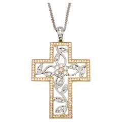 Simon G Two Tone Floral Motif Diamond Cross Pendant Necklace in 18 Karat Gold