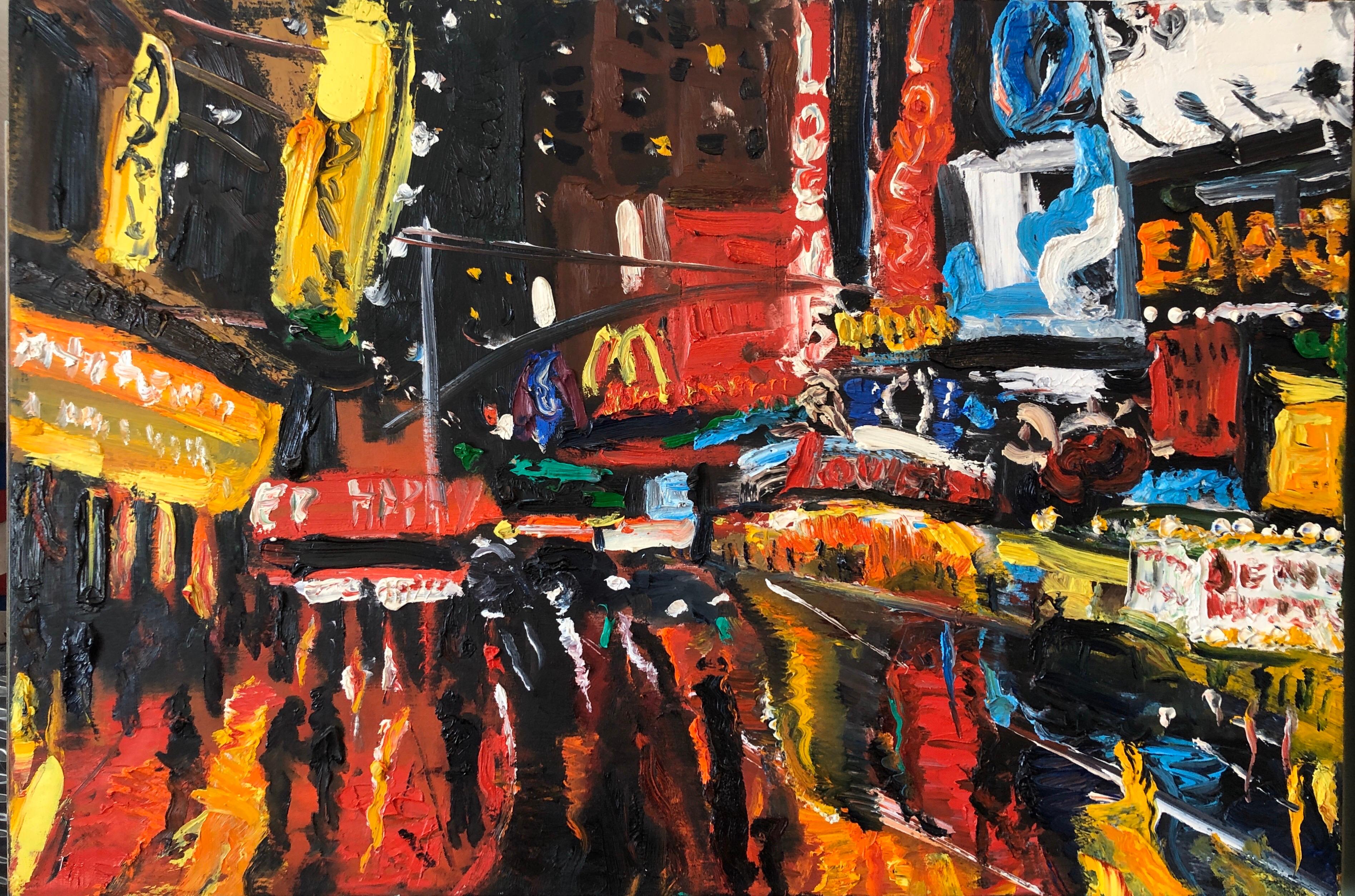 Vibrante New York Times Square, pittura ad olio figurativa espressionista astratta - Painting Espressionismo astratto di Simon Gaon 